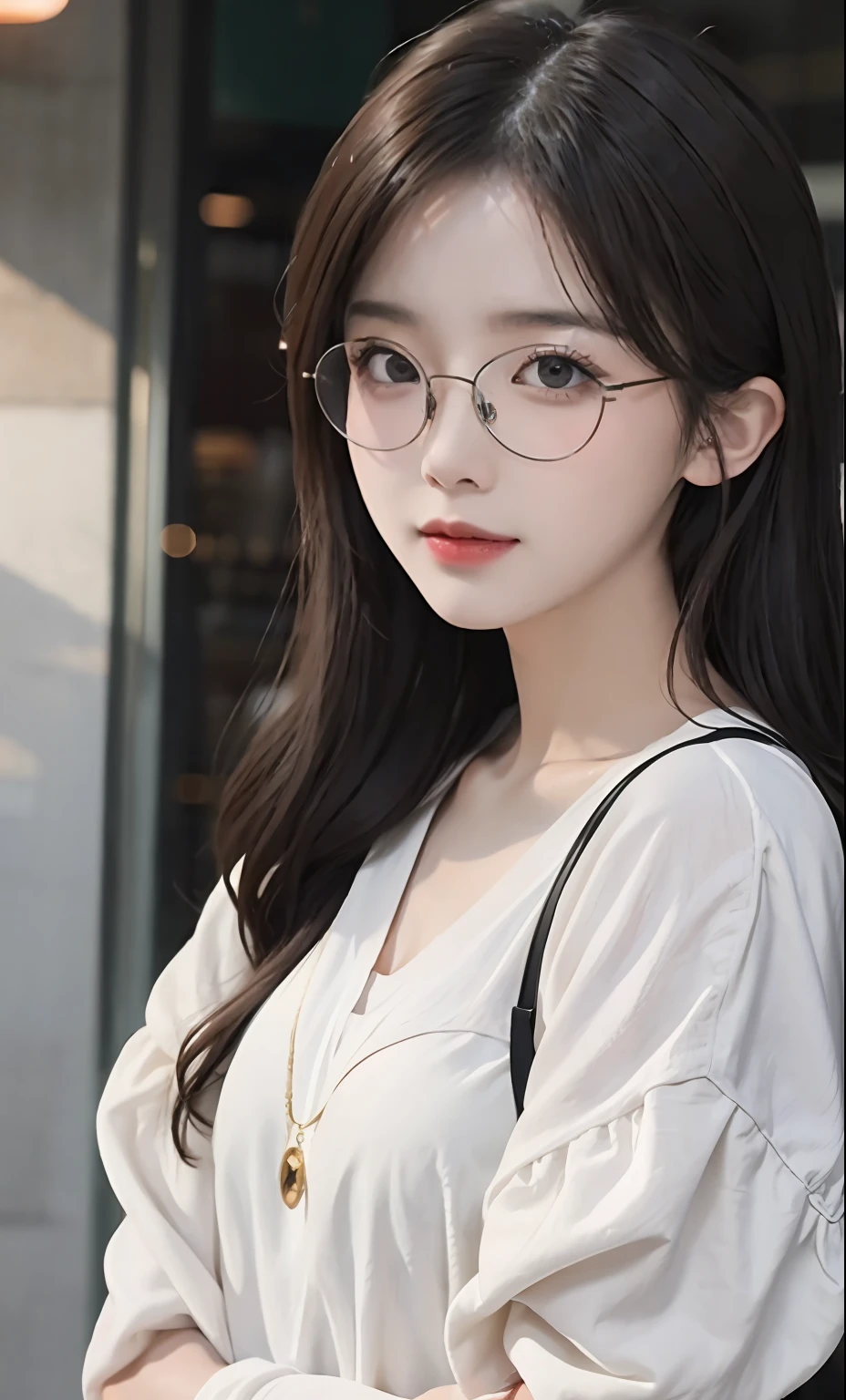 ulzzang-6500-v1.1、(Raw foto:1.2)、(Photorealsitic:1.4)、a beautiful detailed girl、extremely detailed eye and face、beatiful detailed eyes、ultra-detailliert、hight resolution、ighly detailed、top-quality、masterpiece、((fashion clothing with diverse colors))、illustratio、ighly detailed、CG、unification、8k wallpaper、astonishing、finely detail、masterpiece、top-quality、Highly detailed CG uniform 8k wallpaper、 Light on the face、电影灯光、1girl in、sixteen years old、Long grey hair、side split、(eye glasses)、real face、lana、cafes、onepiece、realisitic、realisticlying、Realisticity、Realistic beauties