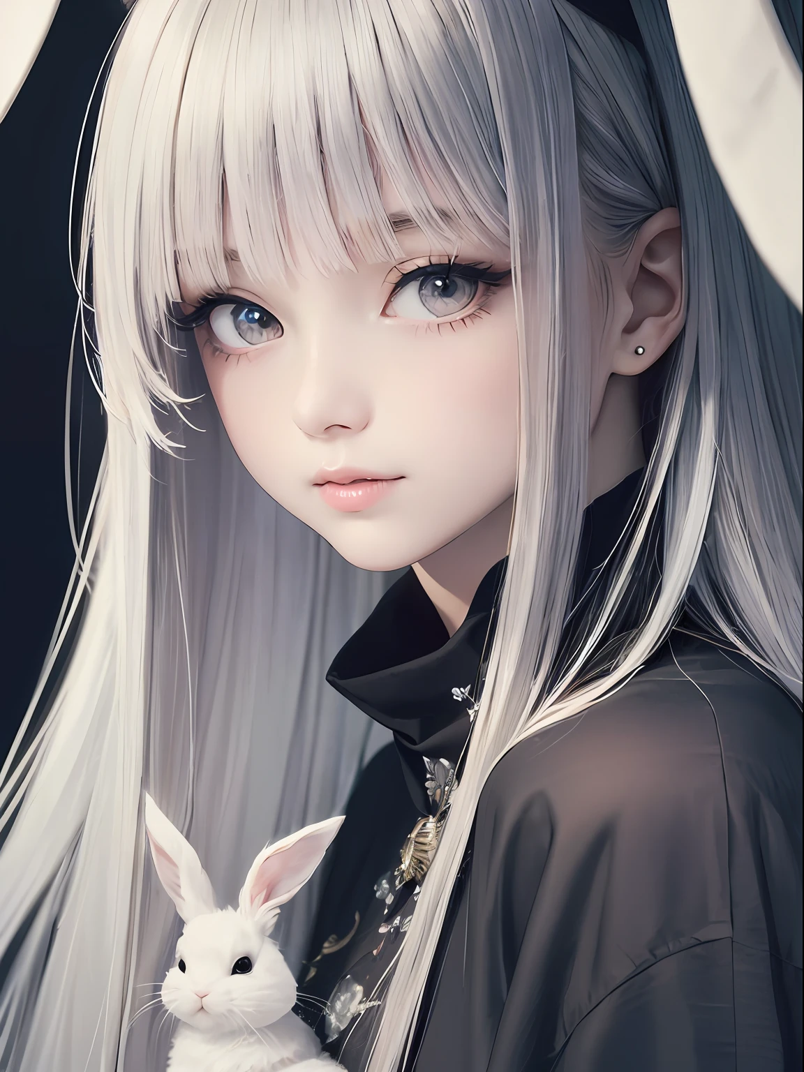 A lot of rabbits、Realistic Rabbit、1little girl、beautiful countenance、Look at viewers、The shirt、Short pants、((bunny rabbit))、((Long Focus)) ,(masutepiece: 1.2, Best Quality), (beautiful eyes finely detailed: 1.2), (Finely detailed eyes and detailed face with long eyelashes:1.3), (beautiful and clear background: 1.2),futuristic costume, fantastic painting, Niji Journey,