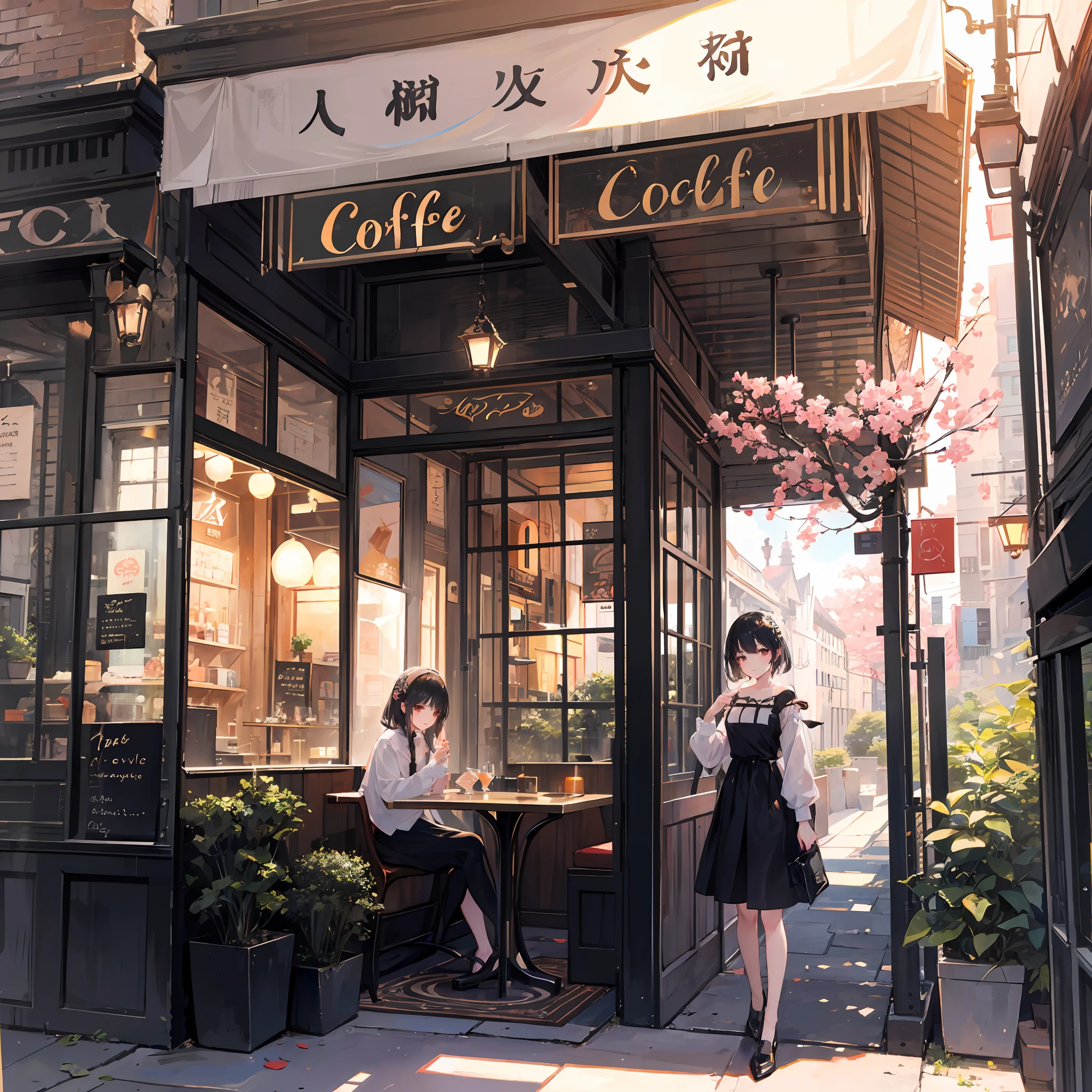 1girl in, Open café with complex structure、cocktails、outside of house、naturey、Enjoy leisure、Landscape painting、high-level image quality、ultra-detailliert