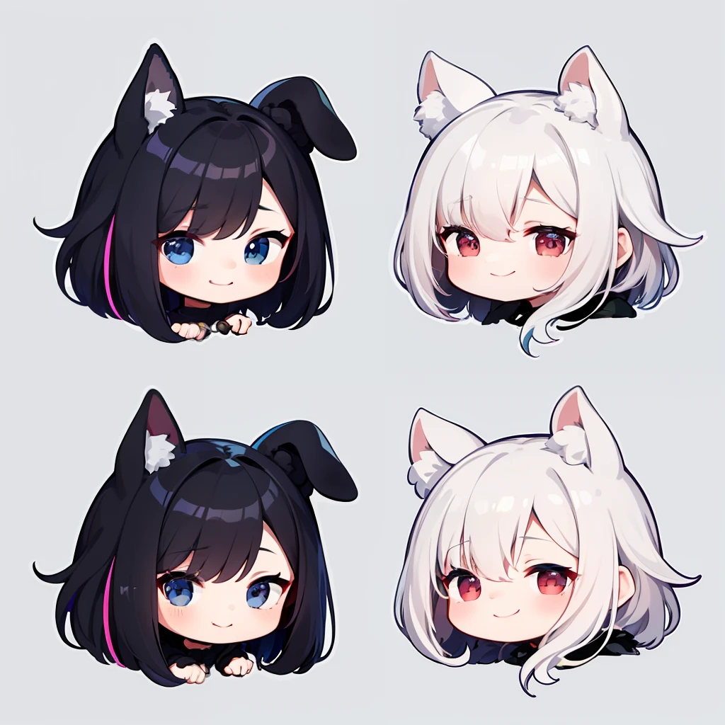 超A high resolution, nffsw, Best aesthetic, Best Quality, masutepiece, Flat Avatar, Perfect litthing、(colourfull、vivd colour: 1.4)、a Dog、Multiple poses and expressions, Has iridescent hair,　is shy, A smile, hair adornments, Chibi, simple background, 耳环, jewely, side locks, large oval eyes,Flat Avatar,  A smile, head shot, simple background, A dark-haired,