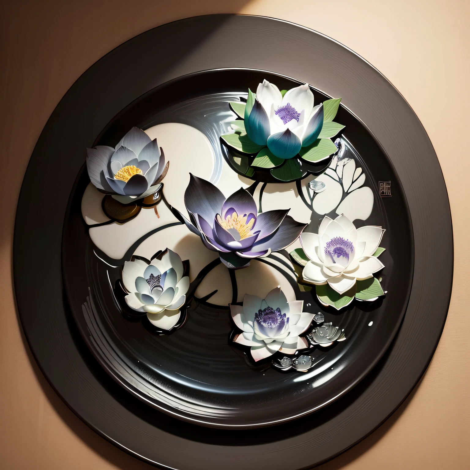 Traditional Chinese painting,water ink,black in color,greys,A lotus flower,Two lotus leaves, --auto