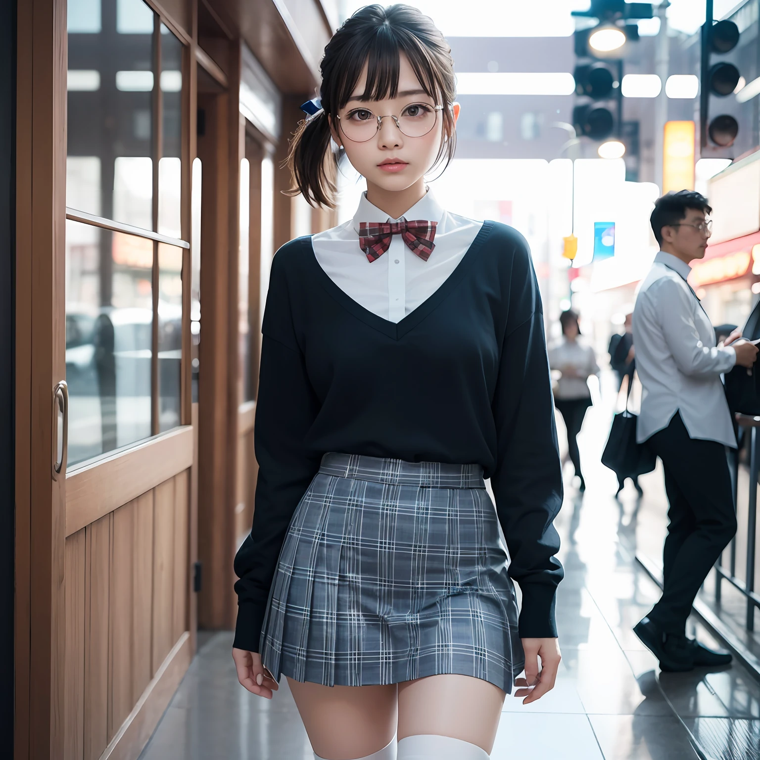 (8K、Raw photography、top-quality、masterpiece:1.2),a small face,small tits,flat breast,Parting the bangs from the middle、Forehead visible,(Tight eyes,Bullish,skinny,Rasping,irate)、masterpiece,top-quality、超A high resolution,Raw photo,ren,Beautiful fece,One Person, 独奏,eye glass,,Dark look,Small breasts,fullllbody,Round glasses、cute little、A Japanese Lady,is standing,(Tight eyes,Bullish,skinny,Rasping,irate,small tits,flat breast)、(Photorealsitic:1.37)、Photon mapping,Light blue ribbon,Realistic、Cute little face,Brown-eyed、Black socks、(Red bow tie)、Radio City、Physically Based Rendering、Foreground、depth of fields、Blurry background、a picture,The girls、Body, Long legs, Thin leg, poneyTail,(Bangs are visible), hair, s lips, Blue_The eye, nosesoft,White shirt, Navy blue and white plaid pleated skirt, Sheer clothing,, Thigh, Black cotton socks,Nogizaka Idol, 女優, Japanese ido
