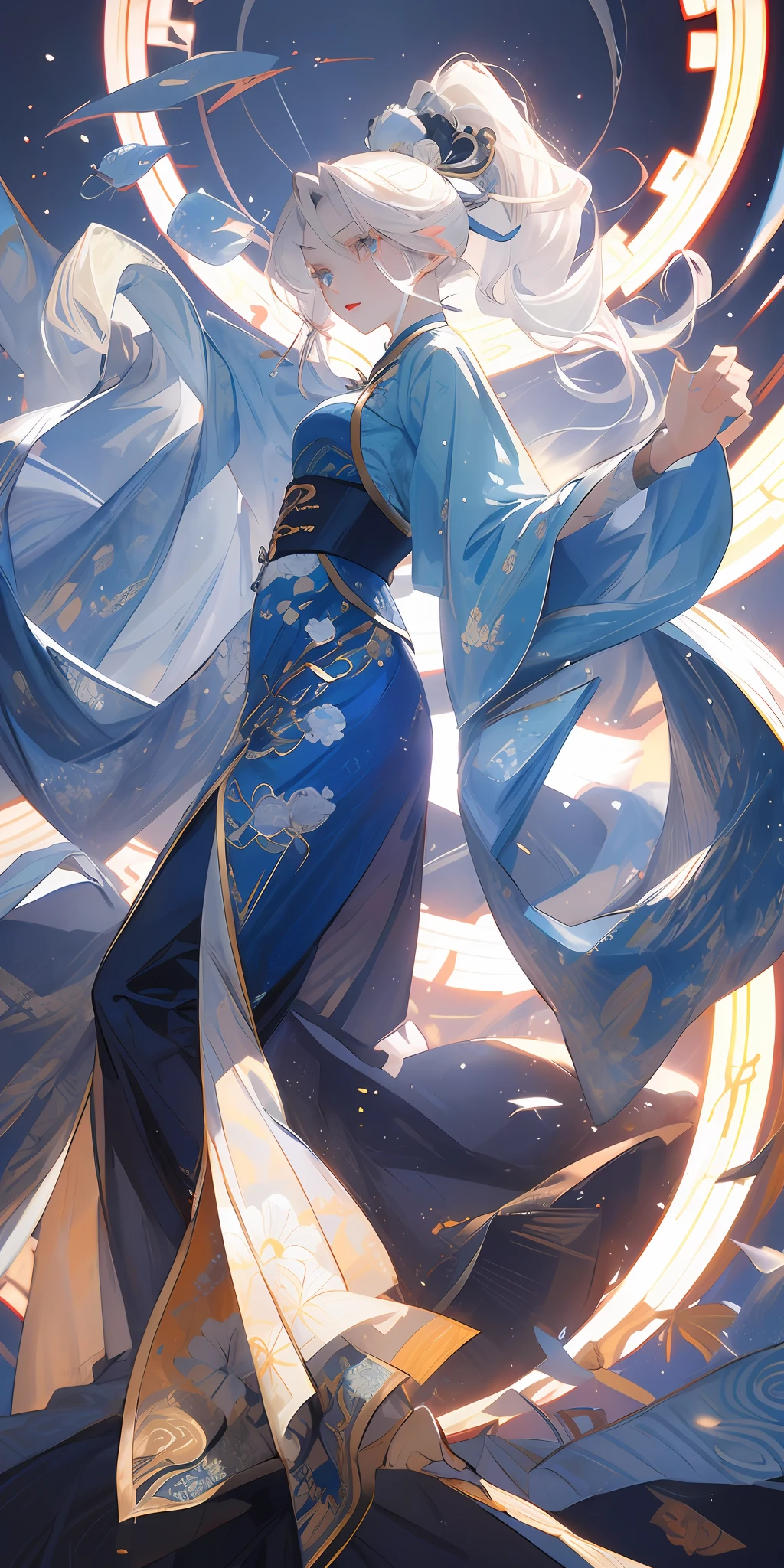 ,tmasterpiece,Best quality,
1girll,独奏,Chinese fabric,chinese style,with light glowing,Blue eyes, white hair, high ponytail