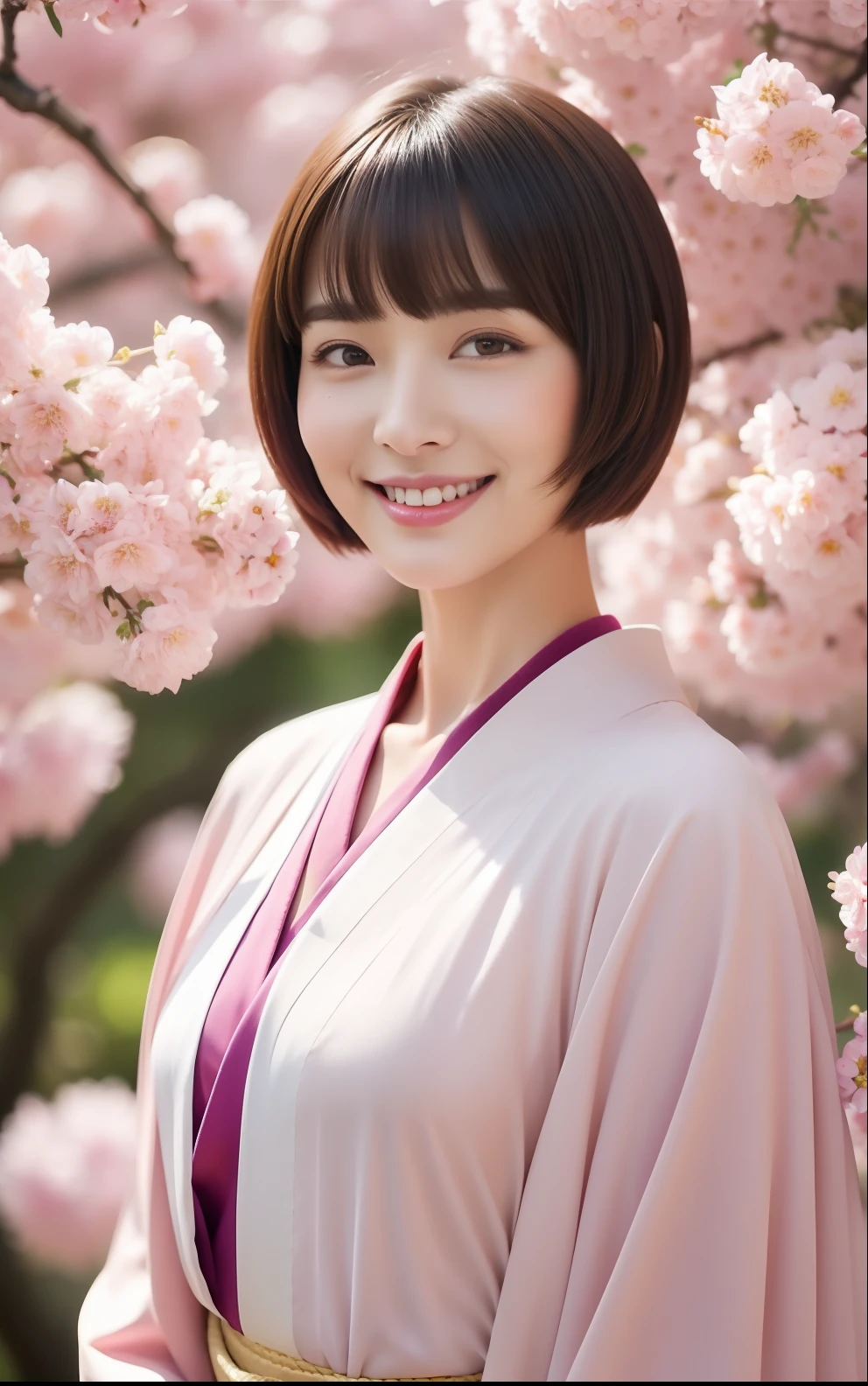 Short-cut hairstyles 、Women in Japan、(Beautiful woman with perfect body shape) 、Full body slender、masterpiece, top-quality, realisitic, Photorealsitic,ultra-detailliert,1girl,独奏, closeup portrait,a smile, Standing in the pink flowers of the plum, kimono, Wearing petals,