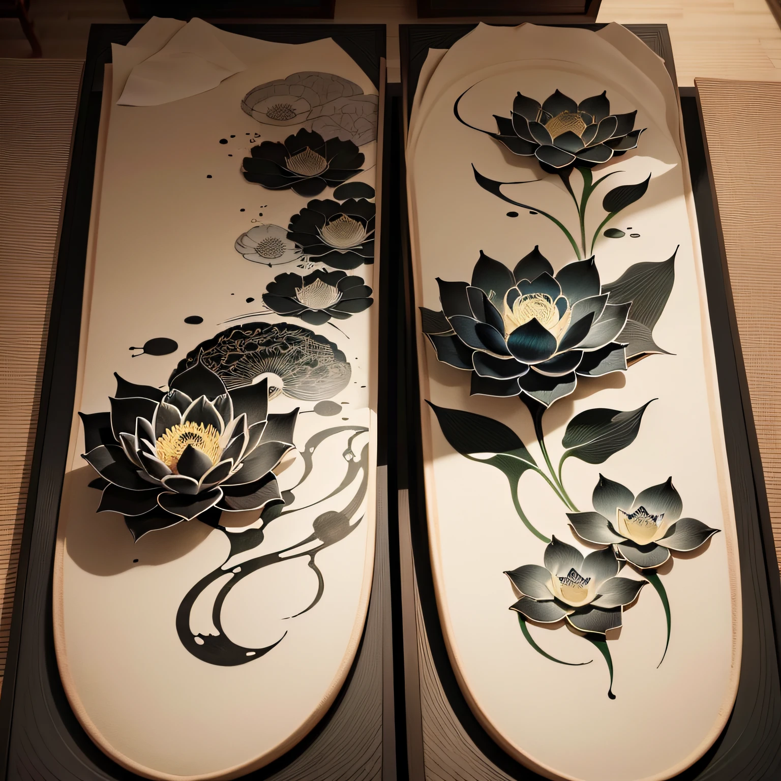 Traditional Chinese painting，water ink，black in color，greys，A lotus flower，Two lotus leaves， --auto