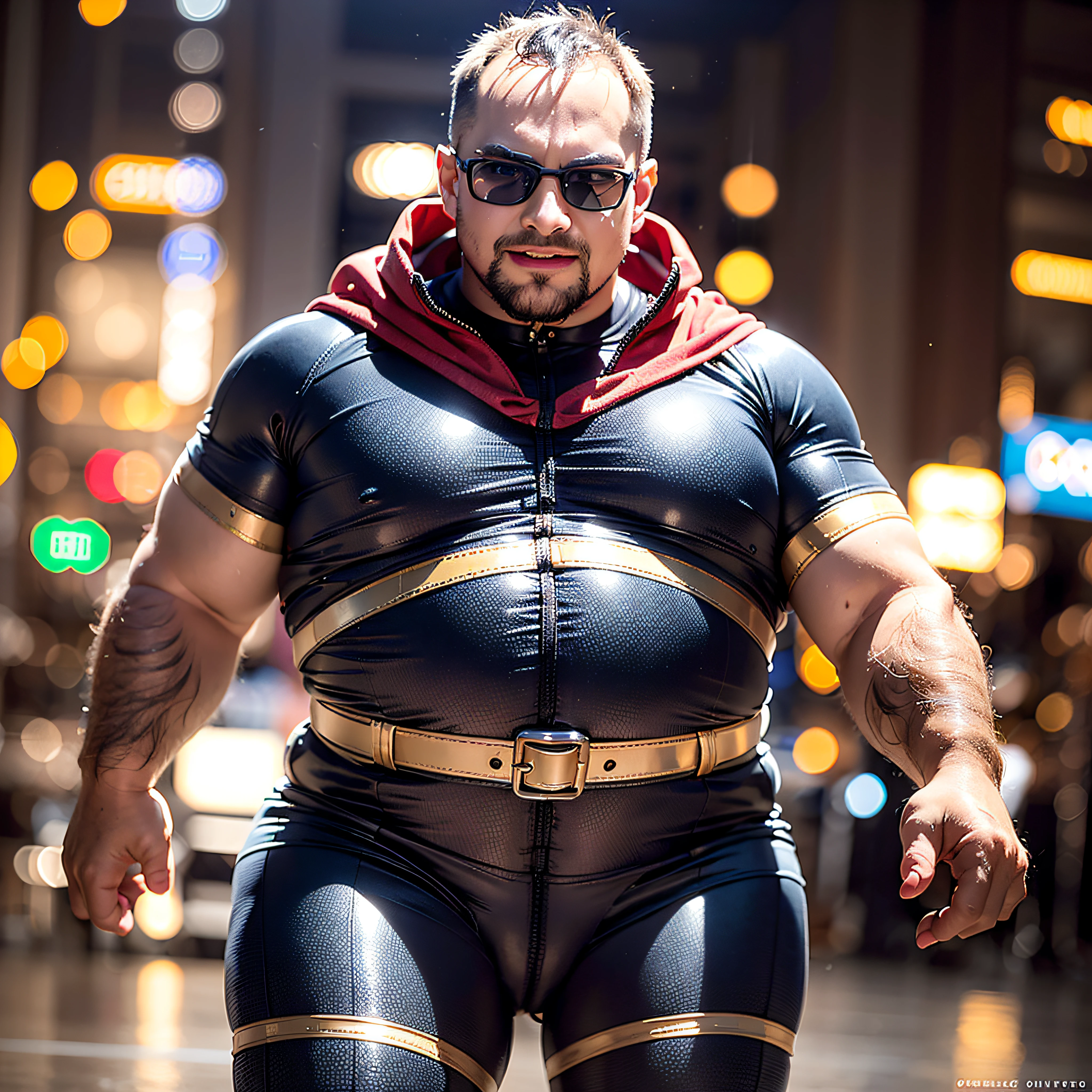 8k,(Extremely detailed Cg Unity 8K wallpapers),exaggeration,absurderes, 5 boy,age 5,Gae,dwarf,Big fat man,Ball-like figure,bald-headed,Glowing bald head,Reflective head,Superman dress-up,over-Tortoise Man,Bokeh background