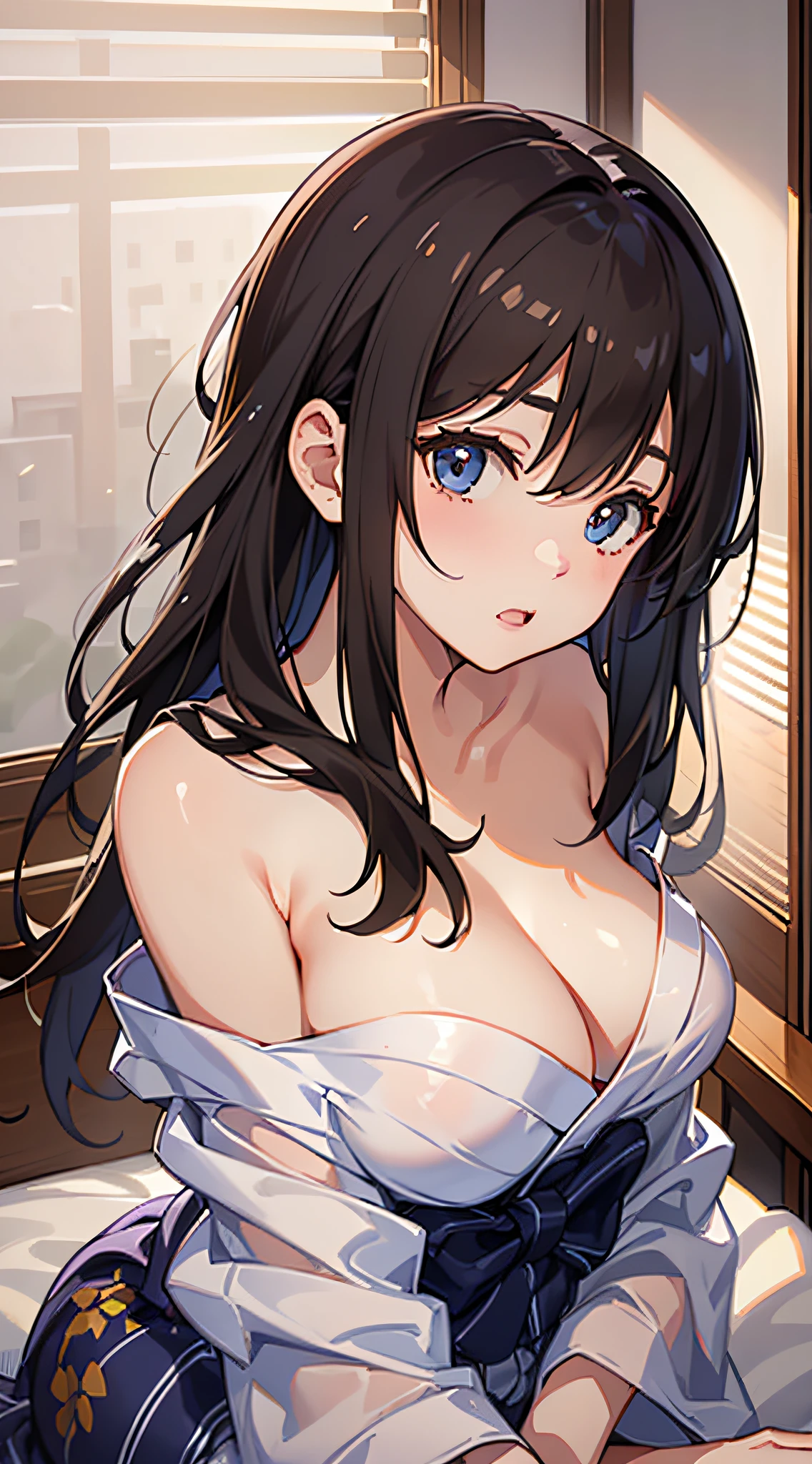 (8K、Raw photography、top-quality、masterpiece:1.2)、Illustration Touch、ultra-detailliert、超A high resolution、1 fair-skinned girl、dark brown hair、Light-colored yukata、Dark indoor、On the futon、bare shoulders、no brassiere、Upbeat cheeks、The hem of the rolled up yukata