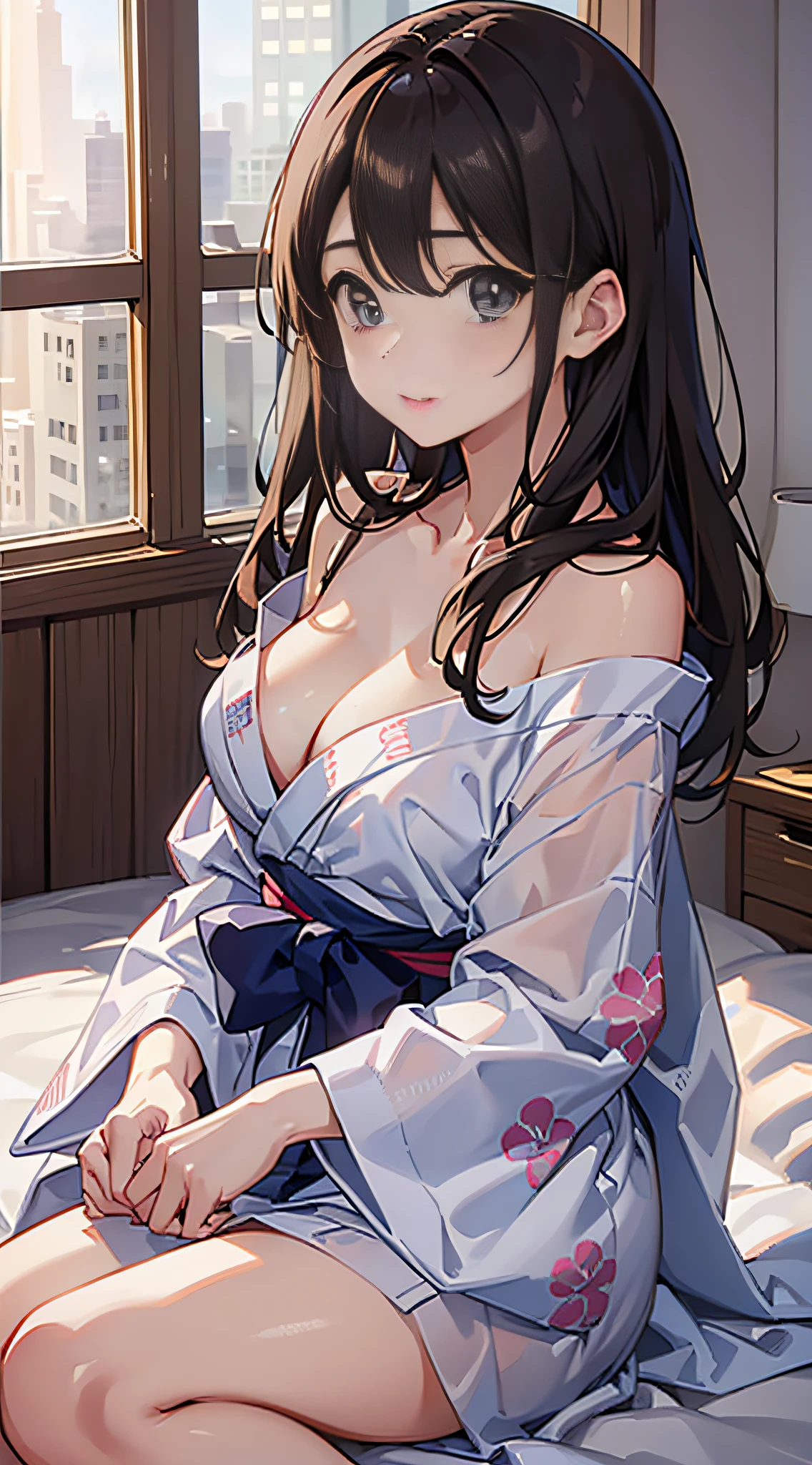 (8K、Raw photography、top-quality、masterpiece:1.2)、Illustration Touch、ultra-detailliert、超A high resolution、1 fair-skinned girl、dark brown hair、Light-colored yukata、Dark indoor、On the futon、bare shoulders、no brassiere、Upbeat cheeks、The hem of the rolled up yukata