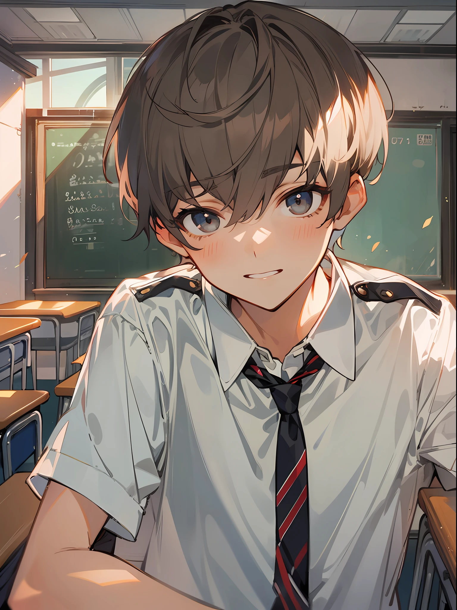 1high school boy,navy brown short hair,black eyes,cool,school uniform,classroom,sunset,best quality++,beautiful eyes++,beautiful hair,black tone