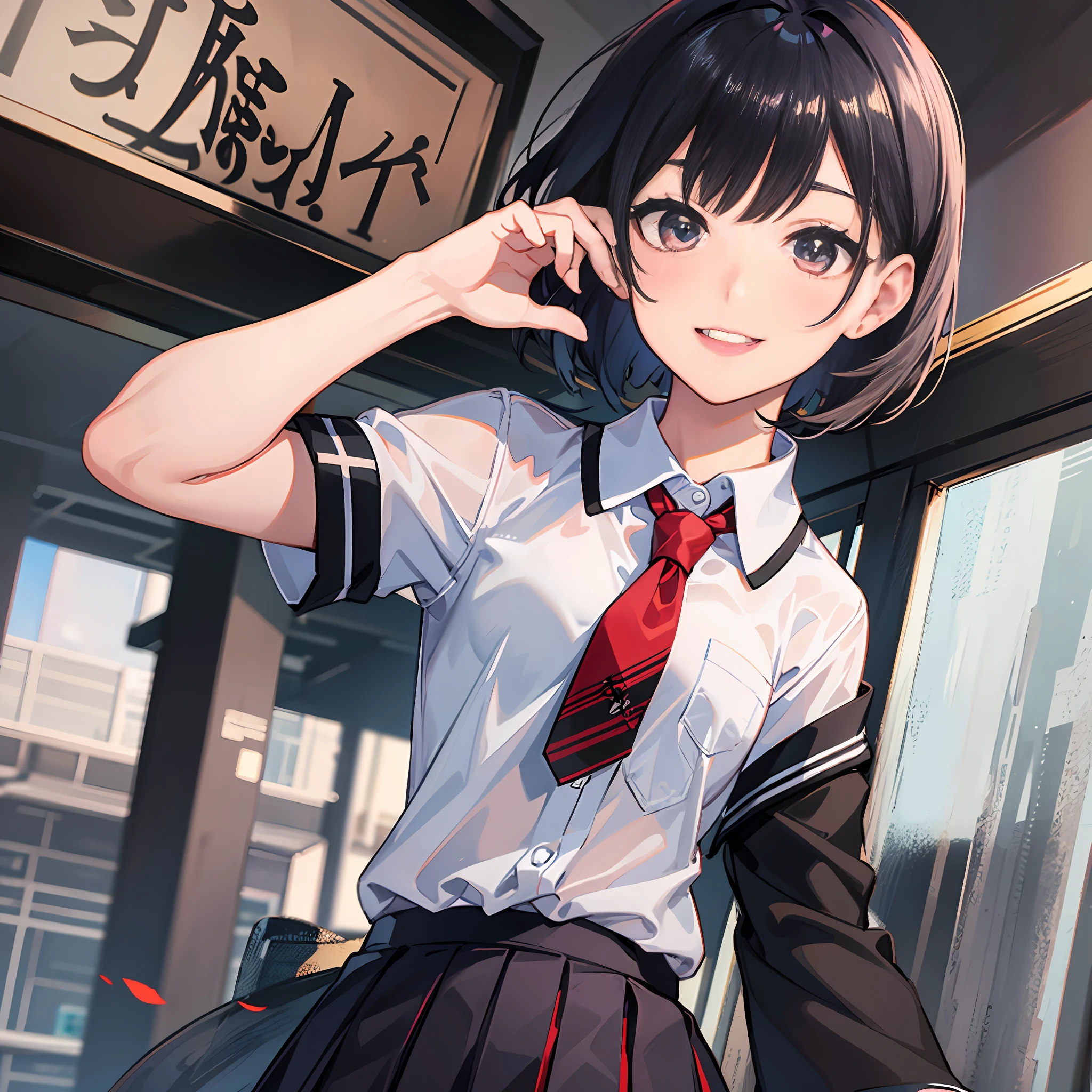 White shirt with dark red tie checked pleated skirt middle school student 4k beauty short bob hair blowing wind active pose amazing angle smile black hair real fine detail