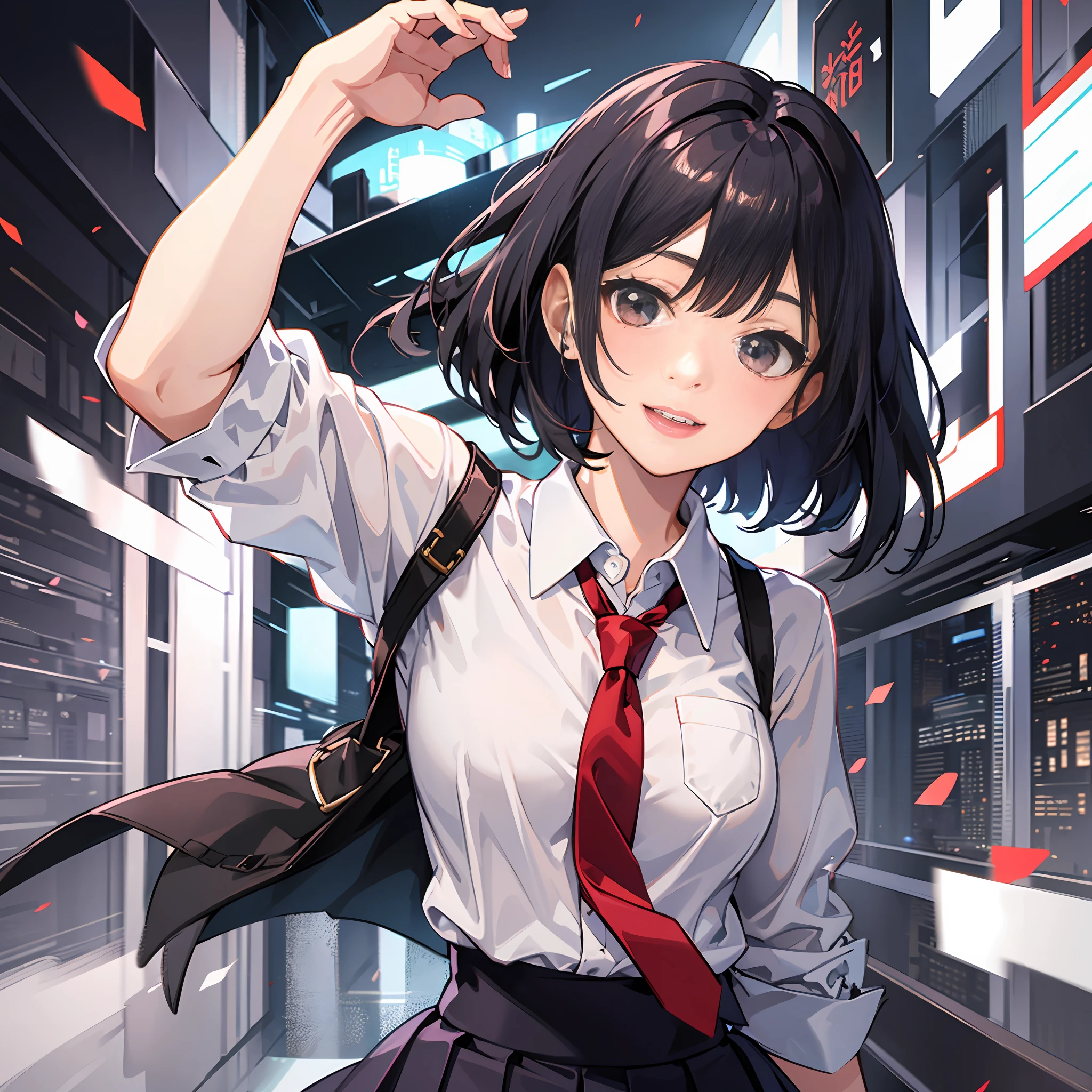 White shirt with dark red tie checked pleated skirt middle school student 4k beauty short bob hair blowing wind active pose amazing angle smile black hair real fine detail