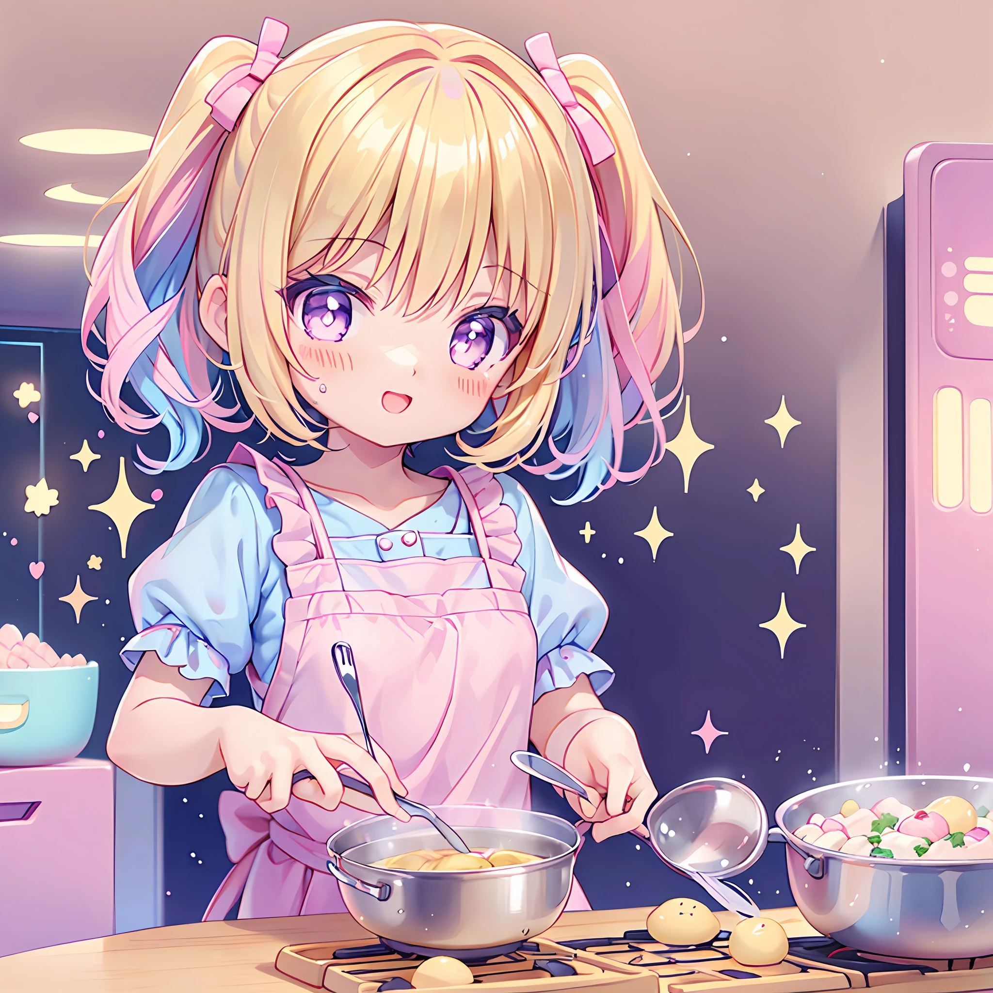 (chibi), cooking, kawaiitech, kawaii, cute, pastel colors, best quality, happy