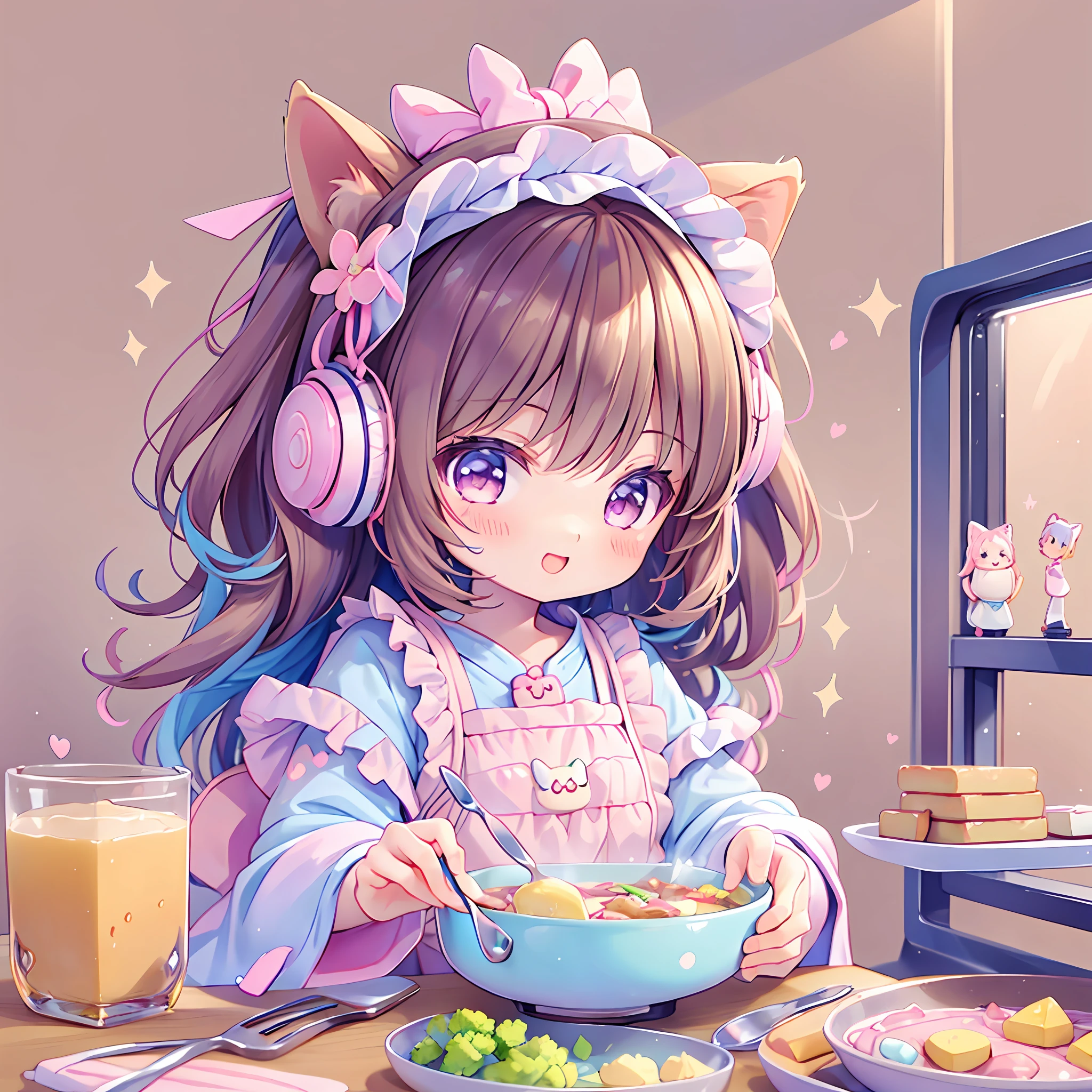 (chibi), cooking, kawaiitech, kawaii, cute, pastel colors, best quality, happy