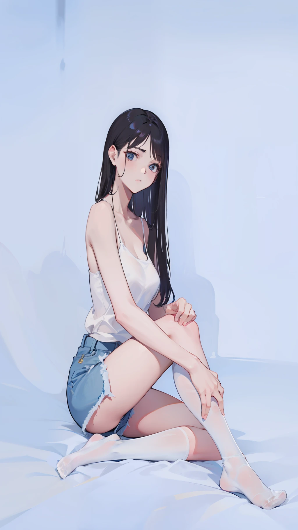 cabelos preto e longos,White sexy top,denim short,white stockings,without wearing shoes