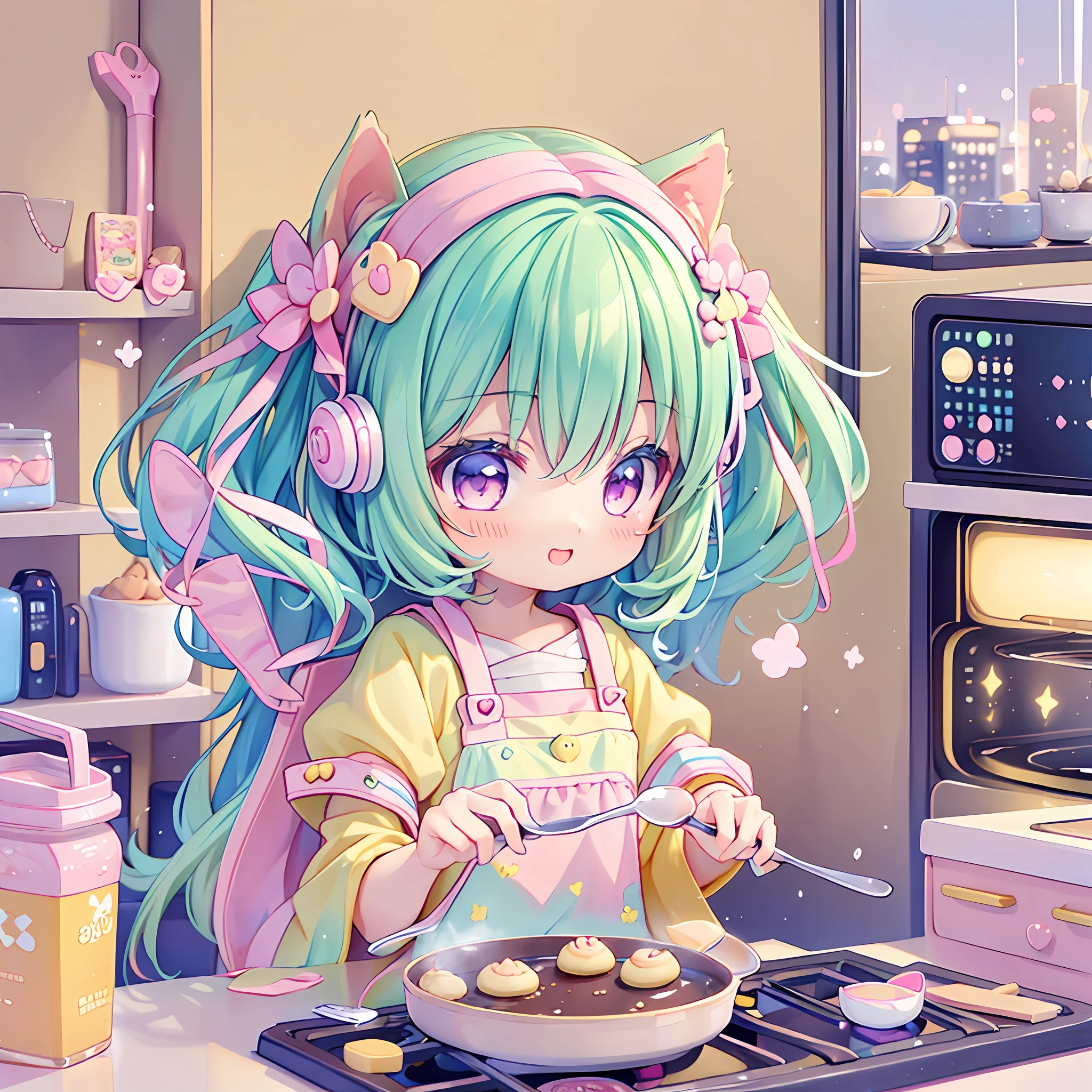 (chibi), cooking, kawaiitech, kawaii, cute, pastel colors, best quality, happy