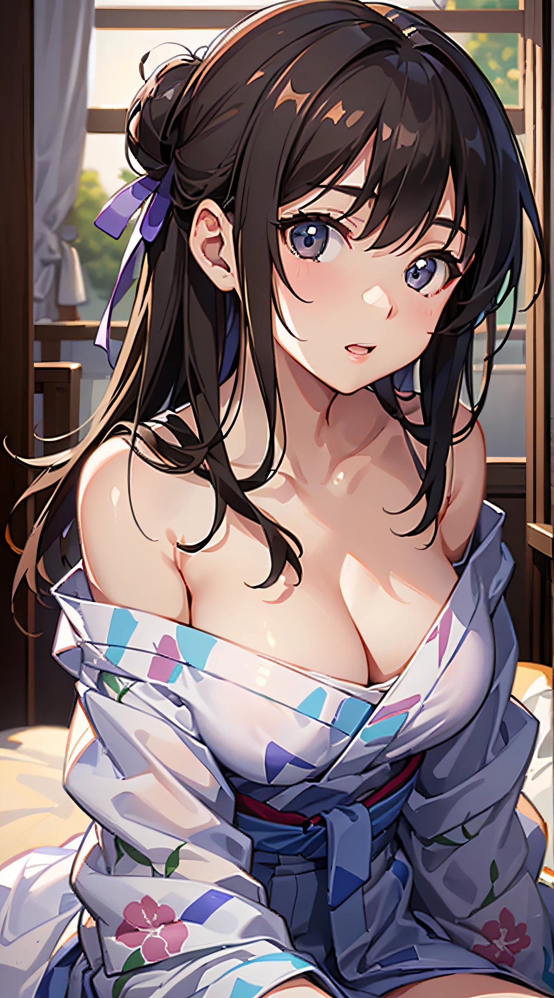 (8K、Raw photography、top-quality、​masterpiece:1.2)、Illustration Touch、ultra-detailliert、超A high resolution、1 fair-skinned girl、dark brown  hair、Light-colored yukata、On the futon、bare shoulders​、no brassiere、Upbeat cheeks、The hem of the rolled up yukata