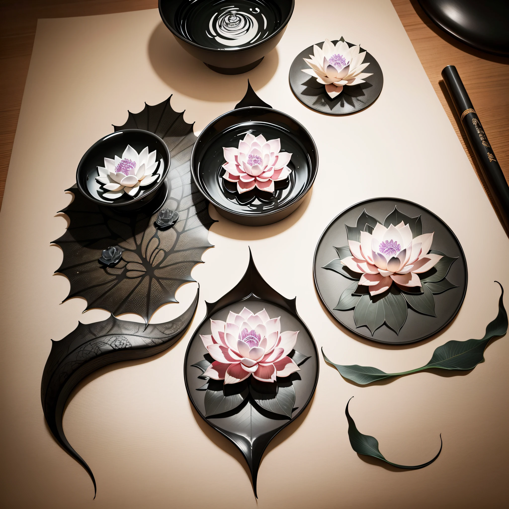 Traditional Chinese painting，water ink，black in color，greys，A lotus flower，Two lotus leaves， --auto