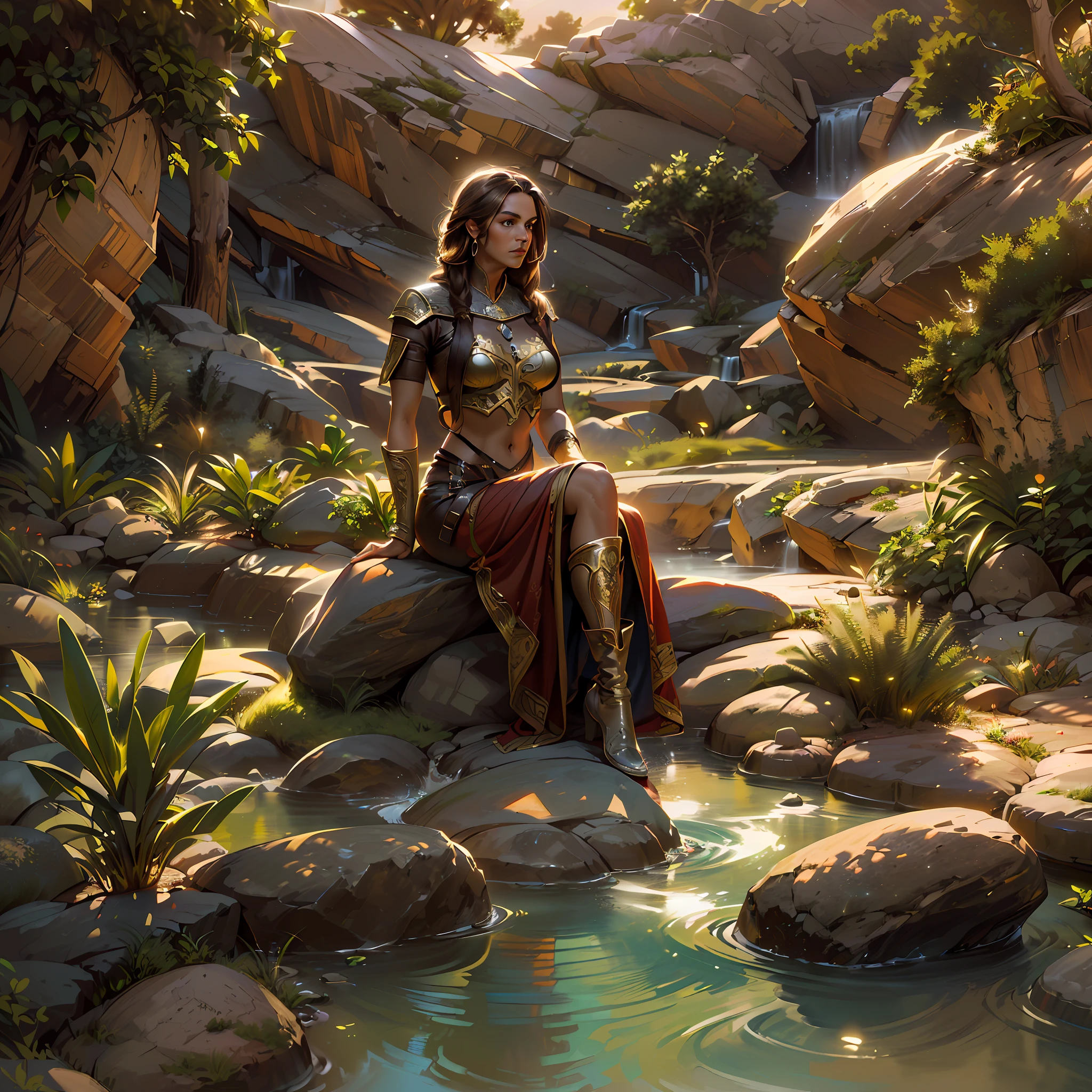 high details, best quality, 8k, [ultra detailed], masterpiece, best quality, (extremely detailed), dynamic angle, ultra wide shot, RAW, photorealistic, fantasy art, dnd art, rpg art, realistic art, a wide angle picture of a female human druid, priest of nature, cleric of nature, full body, [[anatomically correct]]. knelling woman (1.5 intricate details, Masterpiece, best quality) talking to a desert cougar (1.6 intricate details, Masterpiece, best quality) in desert (1.5 intricate details, Masterpiece, best quality), a female  wearing leather clothes (1.4 intricate details, Masterpiece, best quality), leather boots, thick hair, long hair, brown hair, tan skin intense brown eyes, desert background (intense details), a stream flowing in an oasis (1.4 intricate details, Masterpiece, best quality), night, moon light, stars (1.4 intricate details, Masterpiece, best quality), dynamic angle, (1.4 intricate details, Masterpiece, best quality) 3D rendering, high details, best quality, highres, ultra wide angle