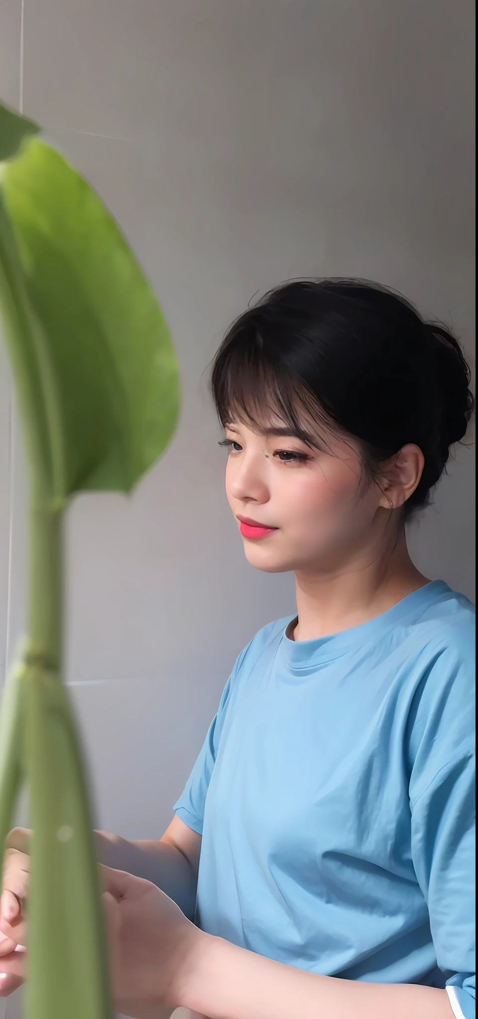 25-year-old man,bokeh,(Photorealsitic:1.4,realisticlying),extremely detailed CG unified 8k wallpaper,1girll,((slender body:1)),looking at viewert,(Head office skin:1.4),8k ultra high definition,digital SLR camera,gentlesoftlighting,high high quality,filmgrain,富士XT3,(((The upper part of the body:1.4))),(((black sleeve T-shirts))),(((Indo Room))),
