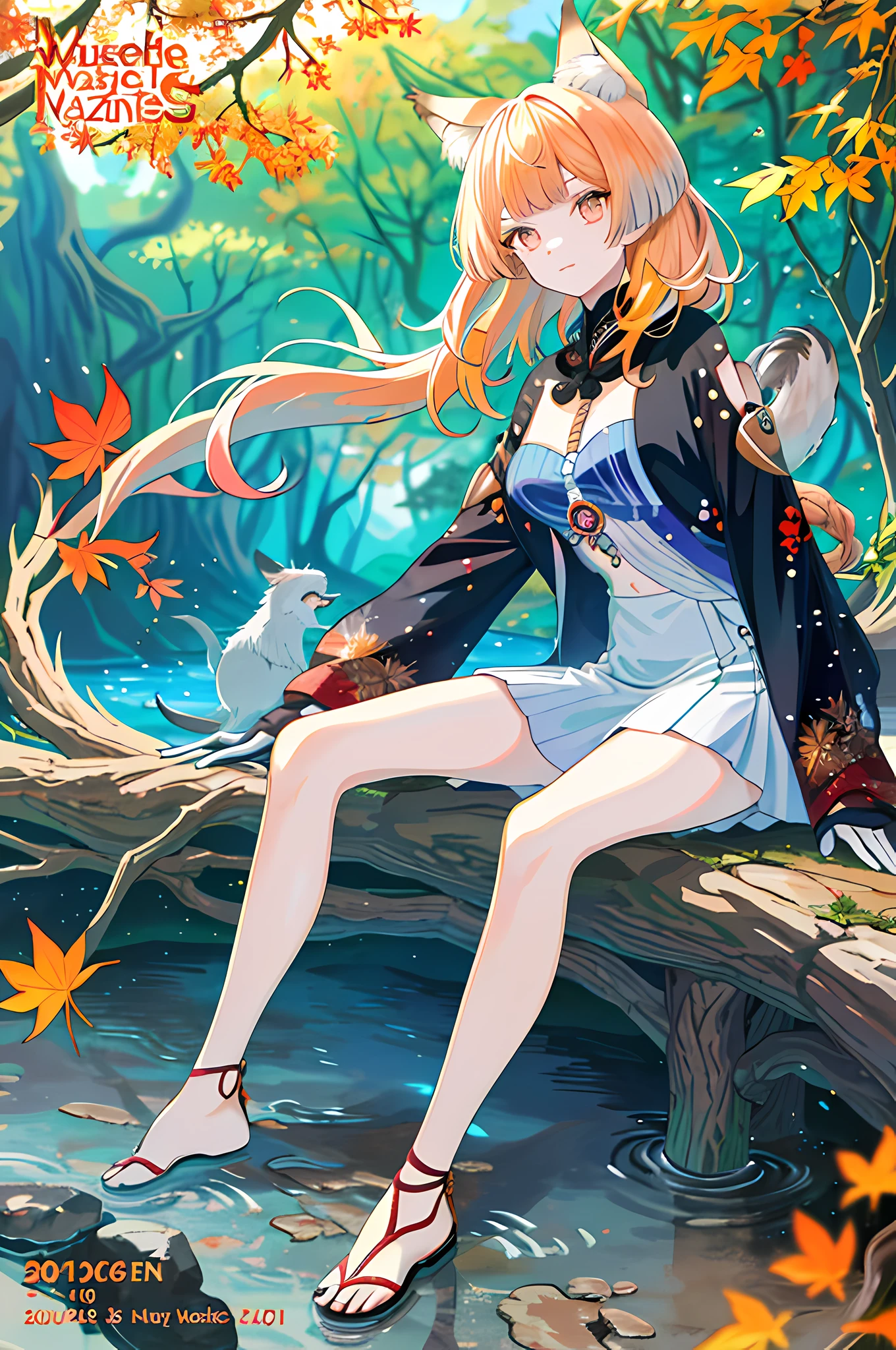 englai Fairyland,Chinese mythology,Colorful auspicious clouds,
autumn, autumn_leaves, falling_leaves, holding_leaf, leaf, leaf_background, leaf_hair_ornament, maple_leaf, aki_shizuha, leaf_print, starfish, anger_vein, ginkgo_leaf, leaf_on_head, spoken_anger_vein, tree, waterfall, sweet_potato, dragonfly, acorn, solo, braid, blurry_foreground, 1girl, day, painting, depth_of_field, blurry, long_hair, branch, hair_ornament, leaves_in_wind, forest, outdoors, nature, campfire, shirt, looking_at_viewer, onsen, koi, sitting, masterpiece, best quality, (best quality), ((masterpiece)), (highres), original, extremely detailed 8K wallpaper, (an extremely delicate and beautiful),((detailed face)),beautiful detail eyes,hair fluttering in the wind,messy hair,lens flare,
1girl,full body,(golden eye),(red eye),(wolf ear),(yellow hair),(wolf tail),(wolf ears),(a cute young girl:1.1),(wolf ear),beautiful detailed eyes,orange hair, very long hair,small breasts,(looking at viewer),
(magazine:1.3), (cover-style:1.3), fashionable, woman, vibrant, outfit, posing, front, colorful, dynamic, background, elements, confident, expression, holding, statement, accessory, majestic, coiled, around, touch, scene, text, cover, bold, attention-grabbing, title, stylish, font, catchy, headline, larger, striking, modern, trendy, focus, fashion,