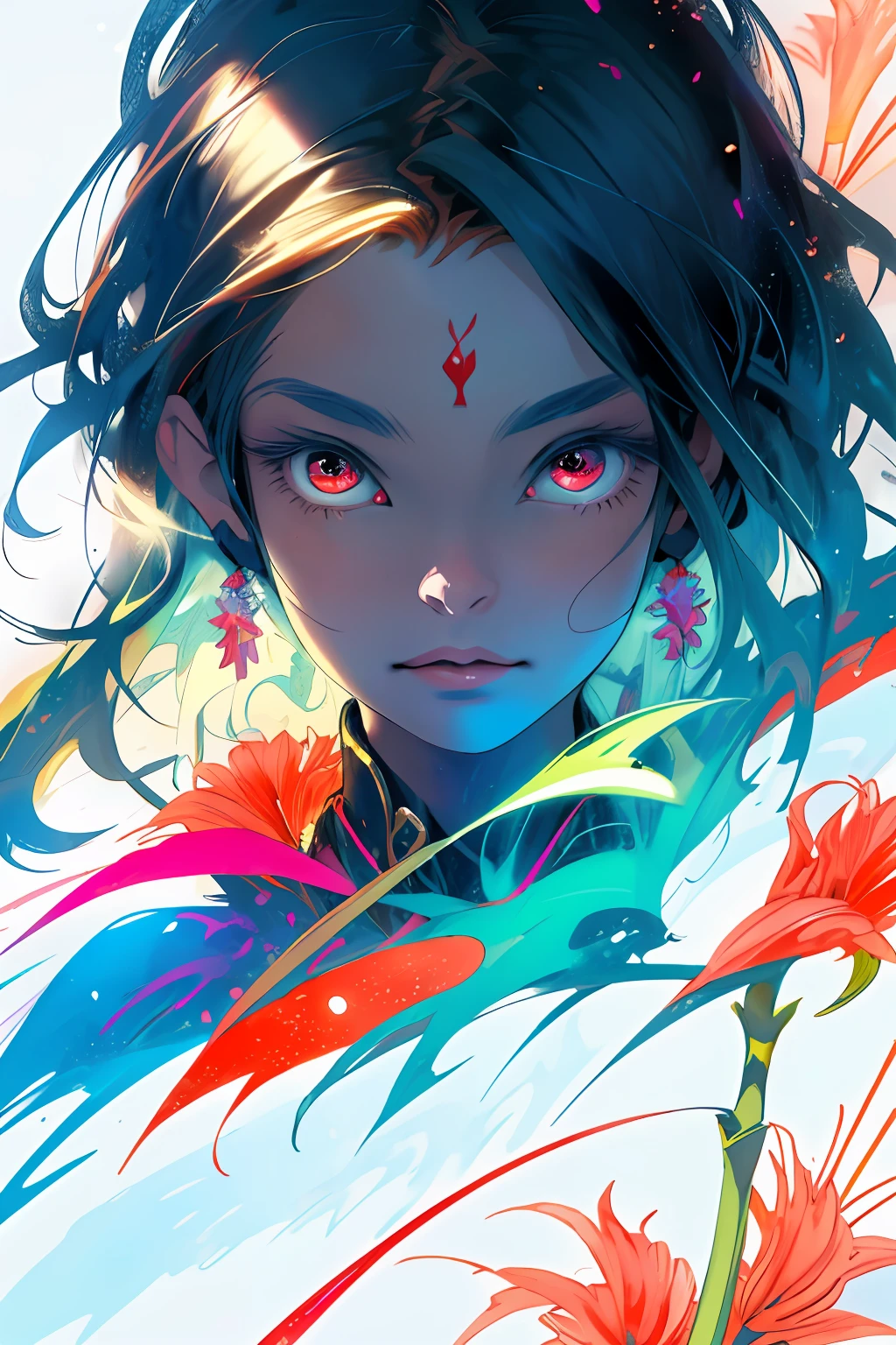 realisticlying，（tmasterpiece，top Quority，best qualtiy，offcial art，Beauty and aesthetics：1.2），The is very detailed，s fractal art，Colorful，Most detailed，zentangle，（abstract backgrounds：1.5）（1boy：1.3），Kamimei，The color hair，long whitr hair，（luminous red eyes），mistic，(magia)，fire and ice，Kizi，((amaryllis，Stone garlic))，Hades，hell