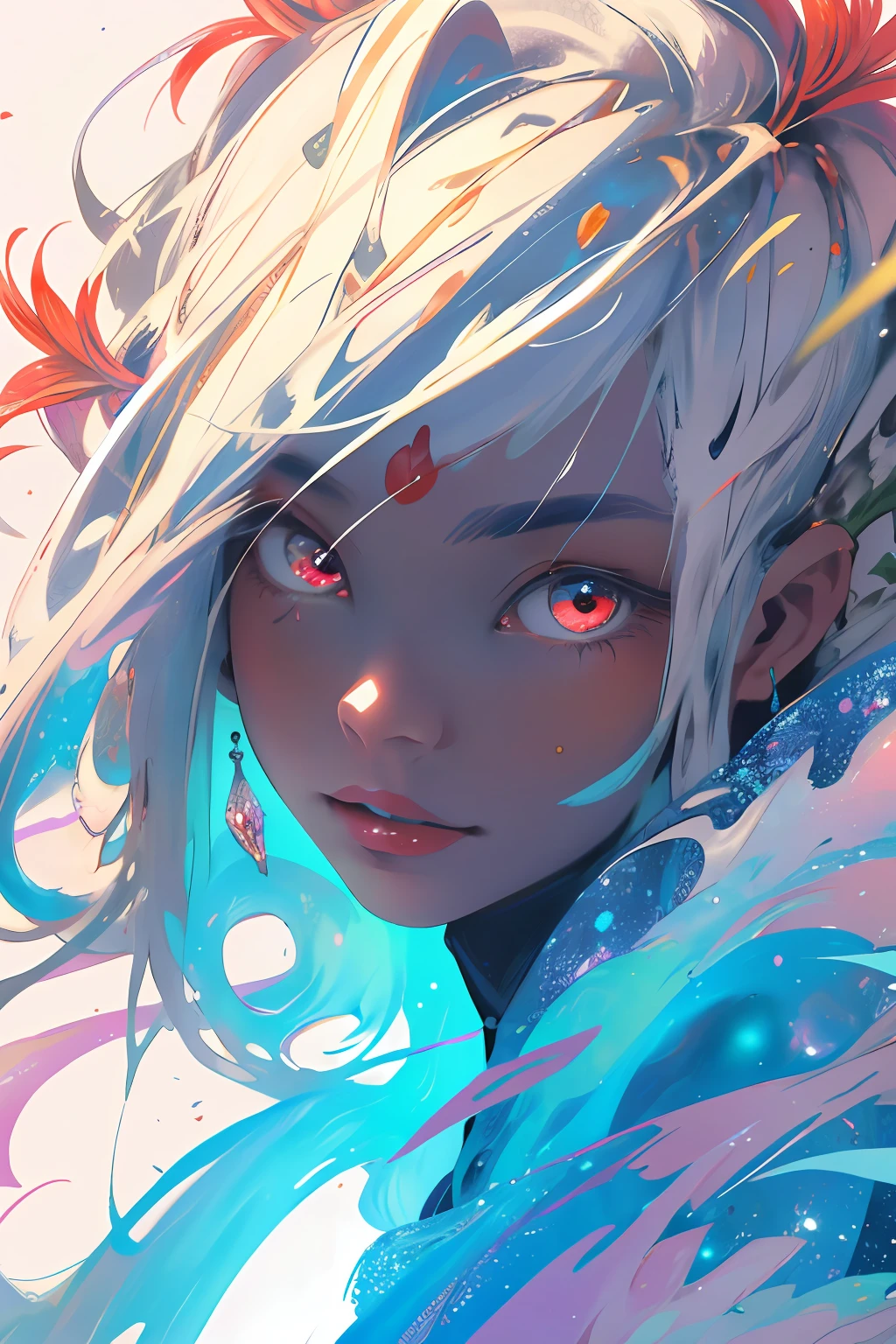 realisticlying,(tmasterpiece,top Quority,best qualtiy,offcial art,Beauty and aesthetics:1.2),The is very detailed,s fractal art,Colorful,Most detailed,zentangle,(abstract backgrounds:1.5)(1boy:1.3),Kamimei,The color hair,long whitr hair,(luminous red eyes),mistic,(magia),fire and ice,Kizi,((amaryllis,Stone garlic)),Hades,hell