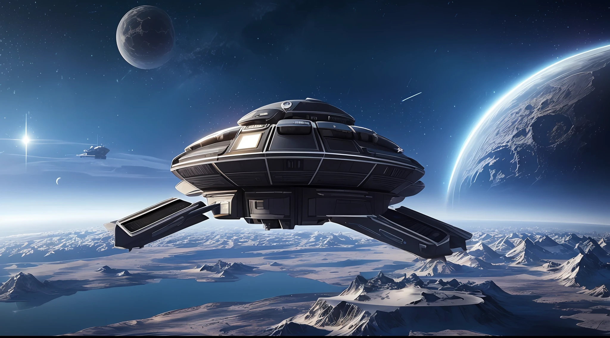 complex detailed symmetrical spaceship in low orbit around an alien planet and background is a starry black night, photorealistic, 8k resolution