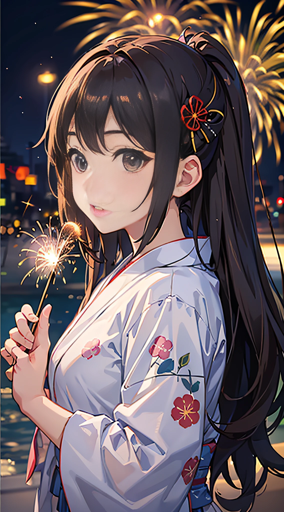 (8K、Raw photography、top-quality、​masterpiece:1.2)、Illustration Touch、ultra-detailliert、超A high resolution、1 fair-skinned girl、Dark brown fireworks、Light-colored yukata、Looking up at the fireworks、Uchiwa