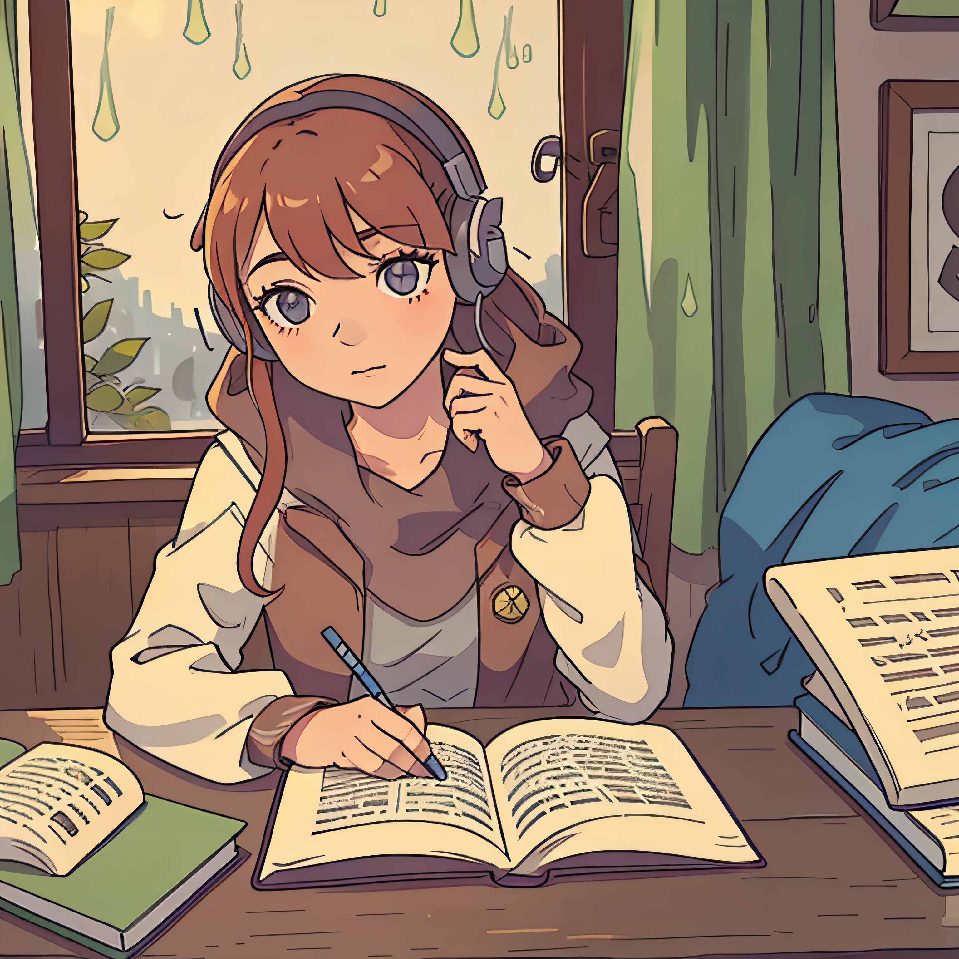 garota estudando, livro, listening to music, the day is cold and rainy, use cores avermelhadas e marrons