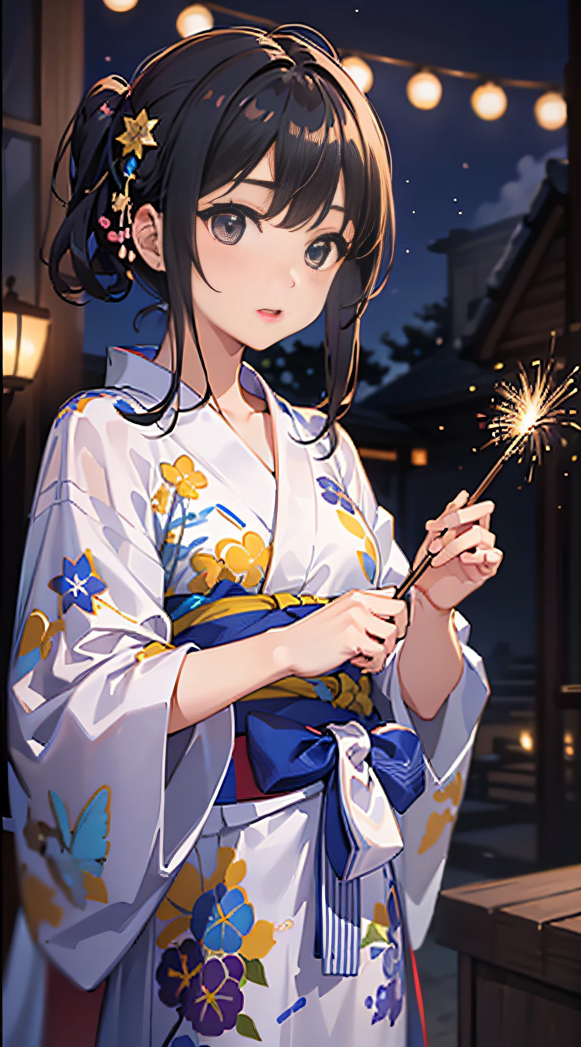 (8K、Raw photography、top-quality、​masterpiece:1.2)、Illustration Touch、ultra-detailliert、超A high resolution、1 fair-skinned girl、skyrocket、Looking up at the light-colored yukata fireworks、Uchiwa