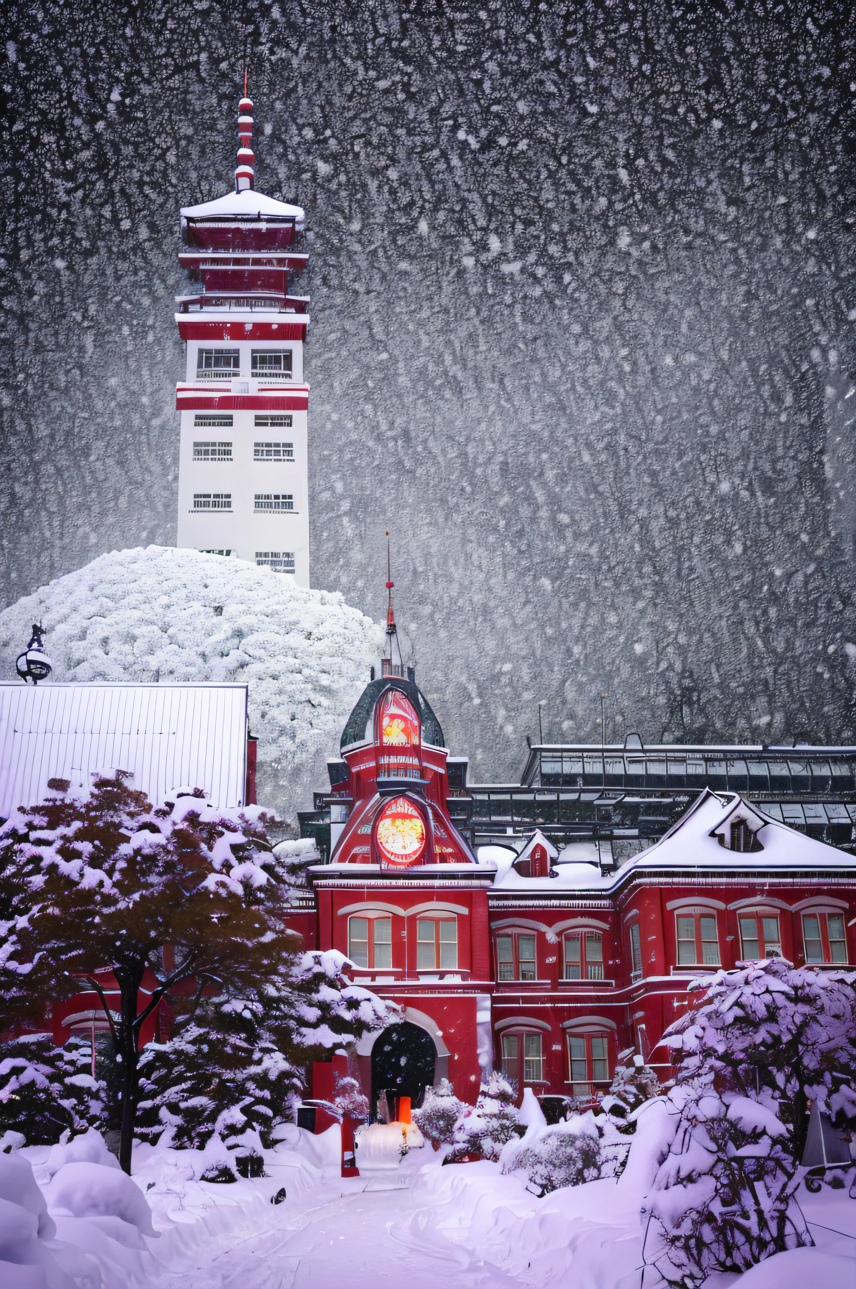 There is a big building.、In the middle of it is the clock tower, tokyo prefecture, city snowing with a lot of snow, gunma prefecture, kanagawa prefecture, saitama prefecture, Snow reaches its peak, japanese high school, photo taken with sony a7r, japanese downtown, Snow, Colorful red covered in snow, abomasnow, city