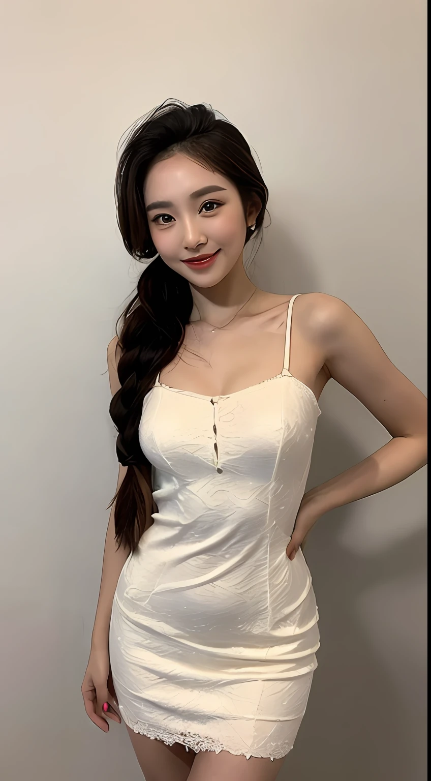 (Best quality, 8K, masterpiece:1.3)) , (one person: 1.4), 1girl, a Korean woman, a goddess, 25 years old, portrait photography, high contrast, God perspective, aperture F1.2, focal length 24mm, ( Full body: 1.2), smile, pose for photos, fine lace, slip dress, sexy lingerie , brand dress, simple cut, long black hair, hair tied up, super detailed skin details, detailed fabric texture