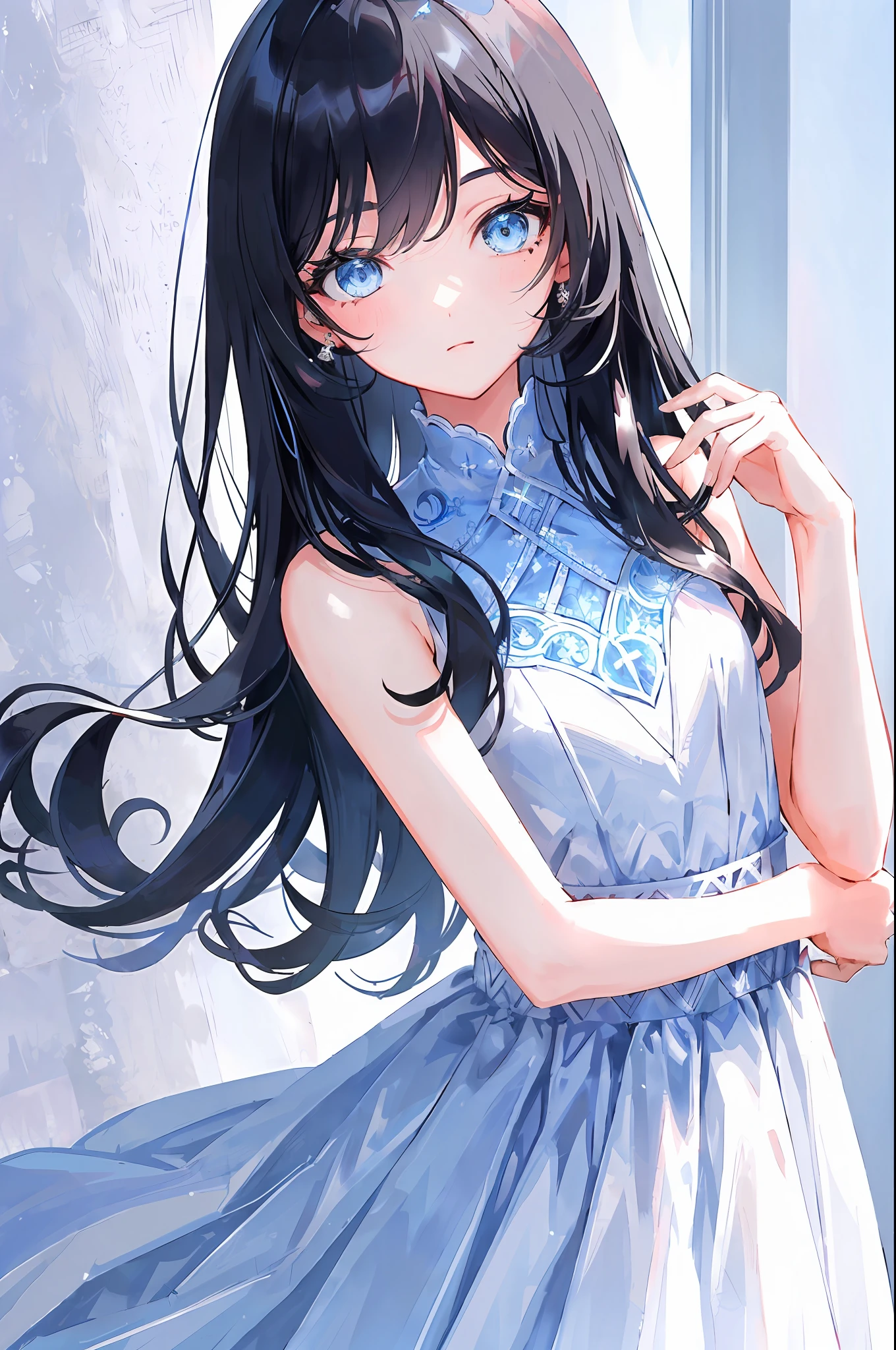 1girl, face, long hair, untie hair, black hair,  blue eyed prom dress with a small mole on the right eye, black hair under the blue tail, 3d background,