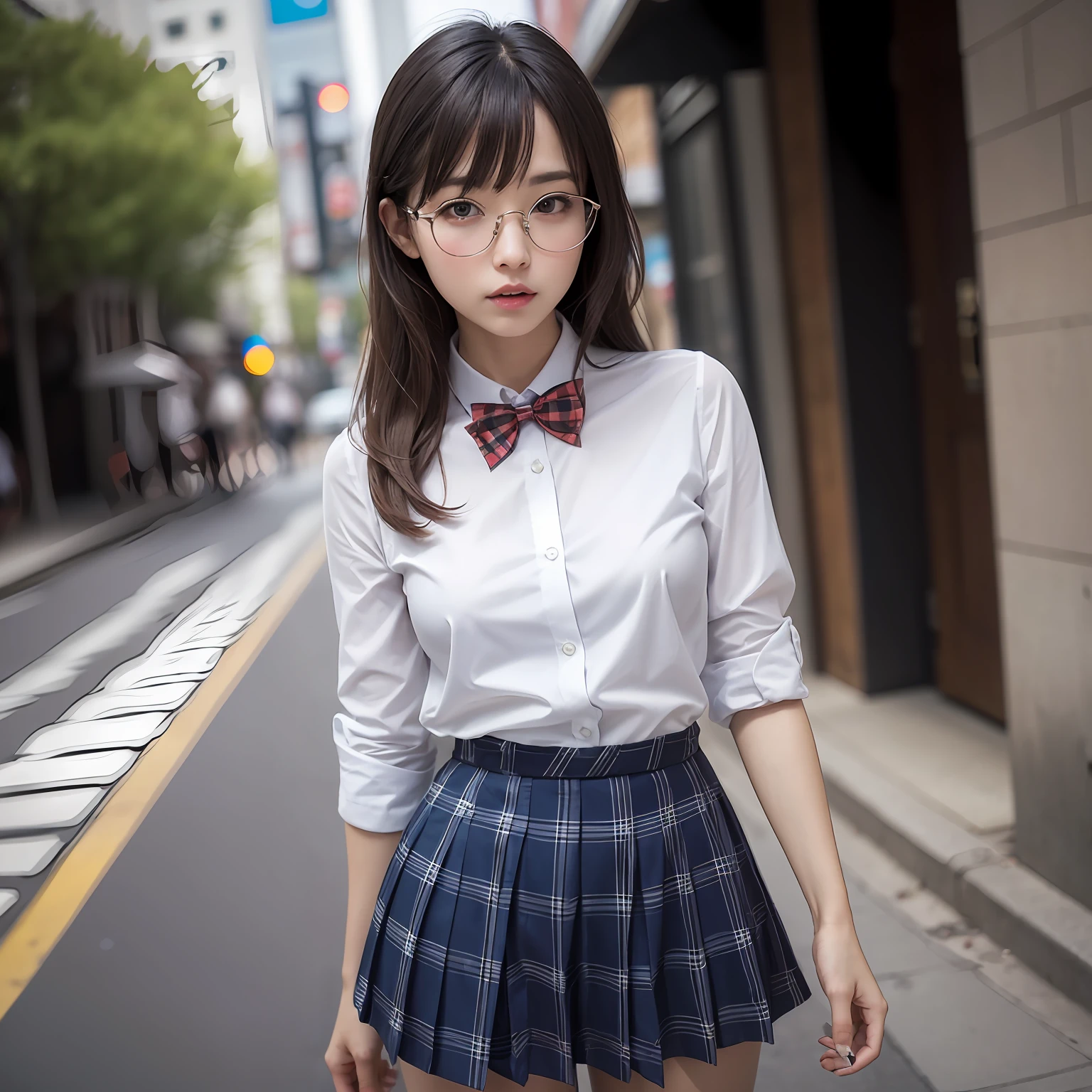 (8K、Raw photography、top-quality、masterpiece:1.2),a small face,small tits,flat breast,Parting the bangs from the middle、Forehead visible,(Tight eyes,Bullish,skinny,Rasping,irate)、masterpiece,top-quality、超A high resolution,Raw photo,ren,Beautiful fece,One Person, 独奏,eye glass,,Dark look,Small breasts,fullllbody,Round glasses、cute little、A Japanese Lady,is standing,(Tight eyes,Bullish,skinny,Rasping,irate,small tits,flat breast)、(Photorealsitic:1.37)、Photon mapping,Light blue ribbon,Realistic、Cute little face,Brown-eyed、Black socks、(Red bow tie)、Radio City、Physically Based Rendering、Foreground、depth of fields、Blurry background、a picture,The girls、Body, Long legs, Thin leg, poneyTail,(Bangs are visible), hair, s lips, Blue_The eye, nosesoft,White shirt, Navy blue and white plaid pleated skirt, Sheer clothing,, Thigh, Black cotton socks,Nogizaka Idol, 女優, Japanese ido