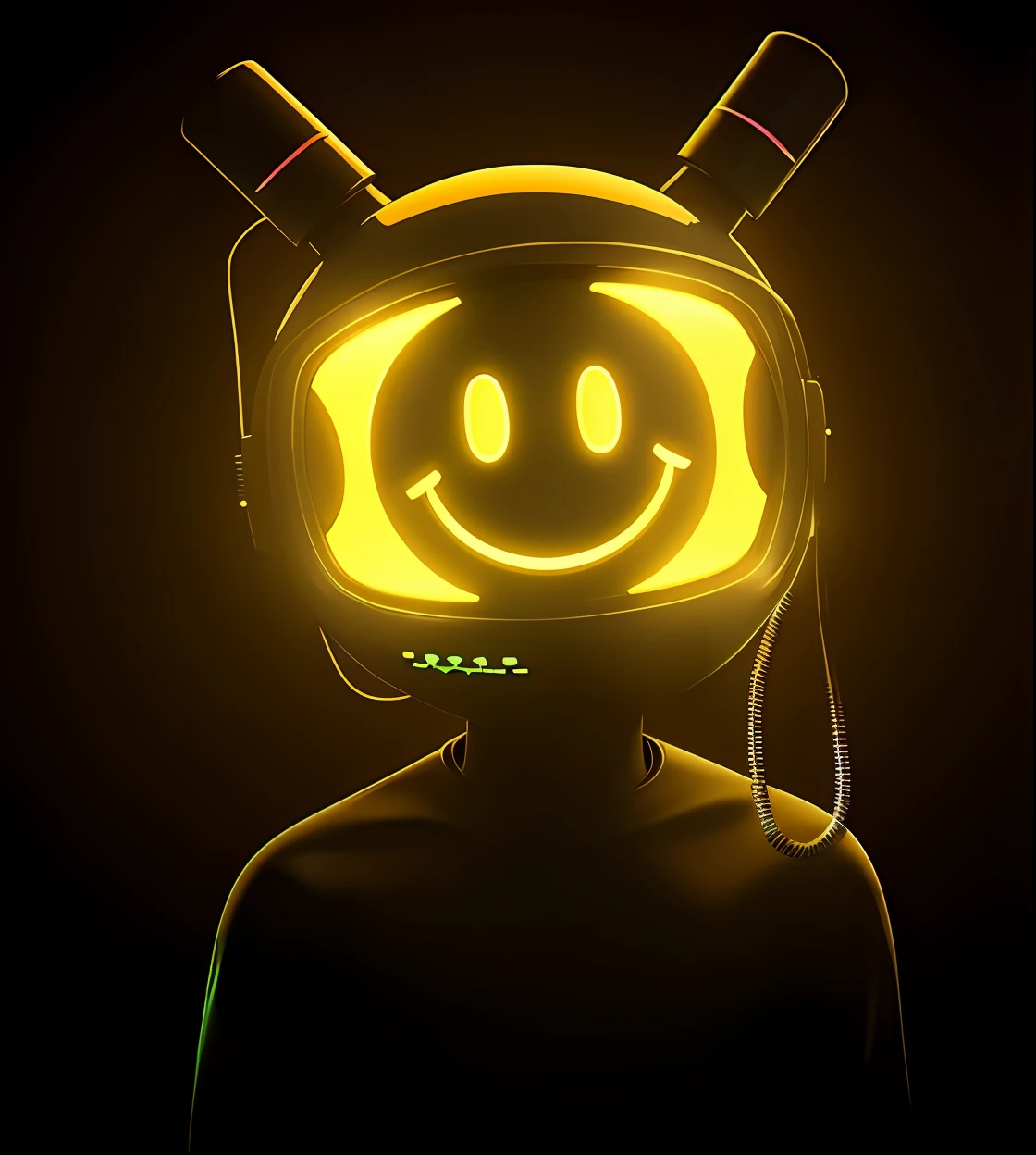 Close-up of man in helmet,There is a smiley face on it, glowing blue face, Glowing Eyes in Helmet, fvckrender, Sour house, Profile picture Smile at the audience, neon operator, Introduction to Smiley, smiley, subject is smiling, very very happy!, hylics artwork