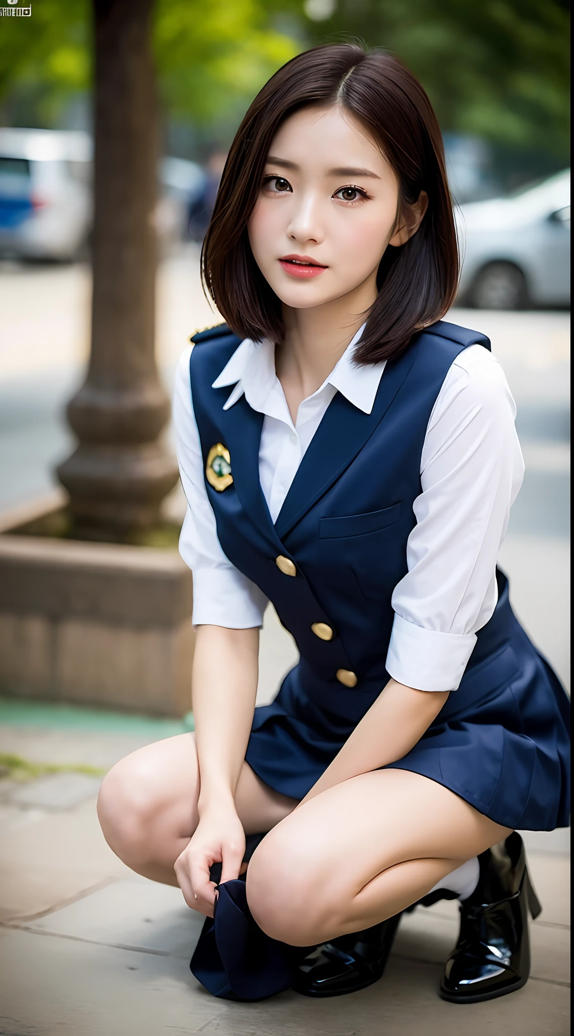 (yinchuan:1.5),, masterpiece, top-quality, Raw foto, Photorealsitic, large full breasts、beautiful and flawless face, Soft smile、20 years girl、校服、Crime scene、Policewoman uniform、depth of fields, hight resolution, ultra-detailliert, finely detail, ighly detailed, extremely detailed eye and face, Sharp pupils,short-hair、crouching down、