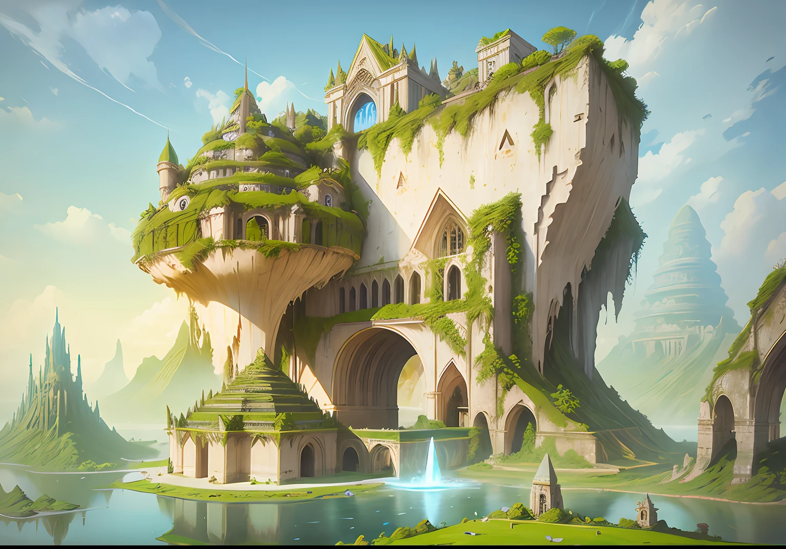 Inverted pyramid，Landscape concept art, Sky gardens, Ancient magic，overgrown ruins, fantasy architecture, Floating palace, environment design illustration, 8k, Elven architecture