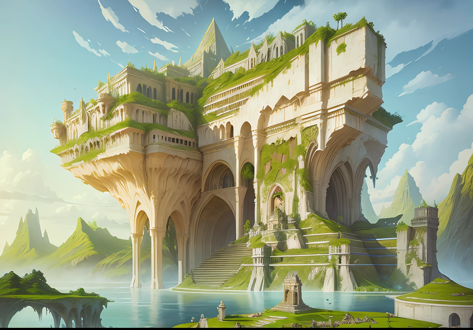 Inverted pyramid，Landscape concept art, Sky gardens, Ancient magic，overgrown ruins, fantasy architecture, Floating palace, environment design illustration, 8k, Elven architecture