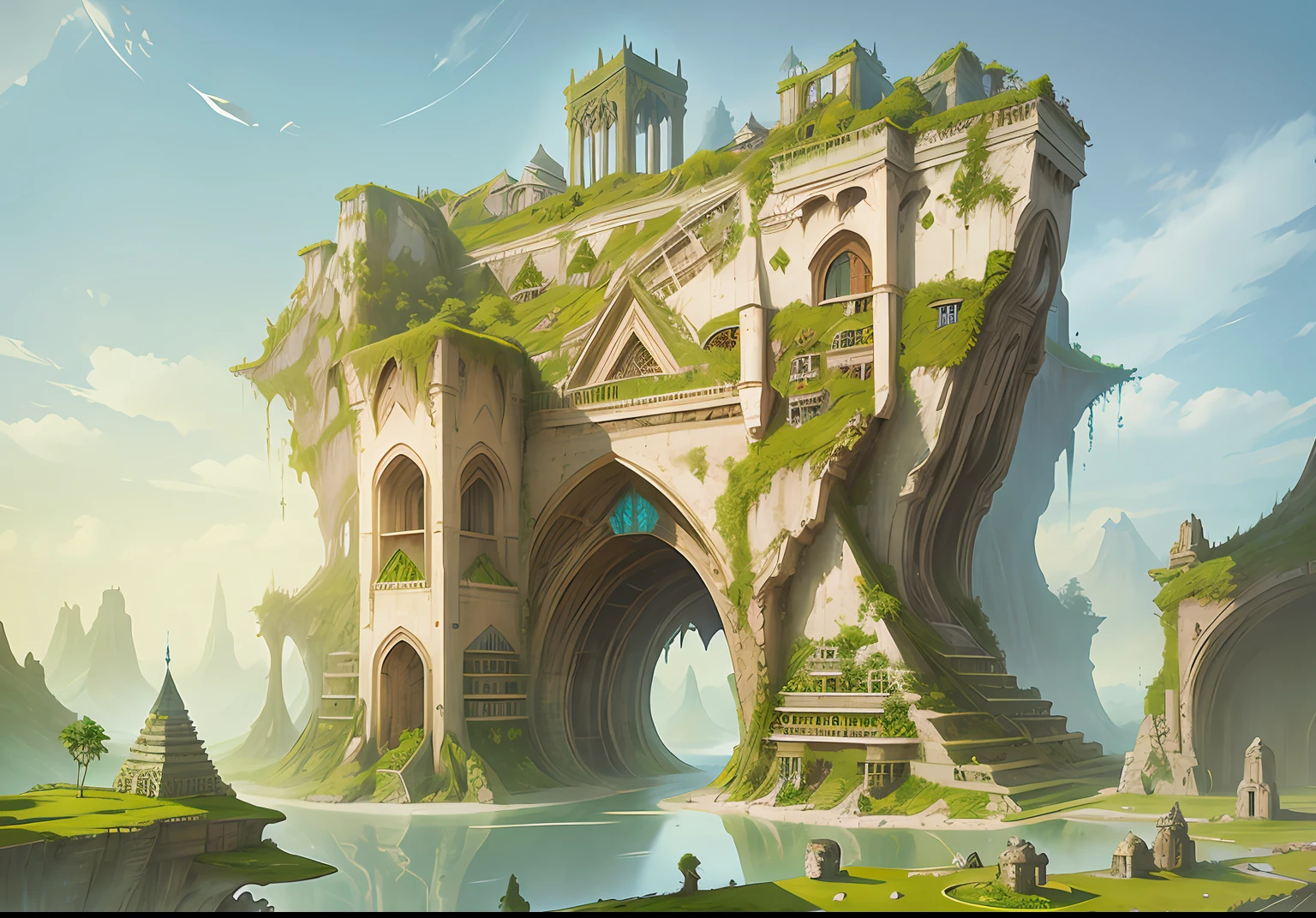 Inverted pyramid,Landscape concept art, Sky gardens, Ancient magic,overgrown ruins, fantasy architecture, Floating palace, environment design illustration, 8k, Elven architecture