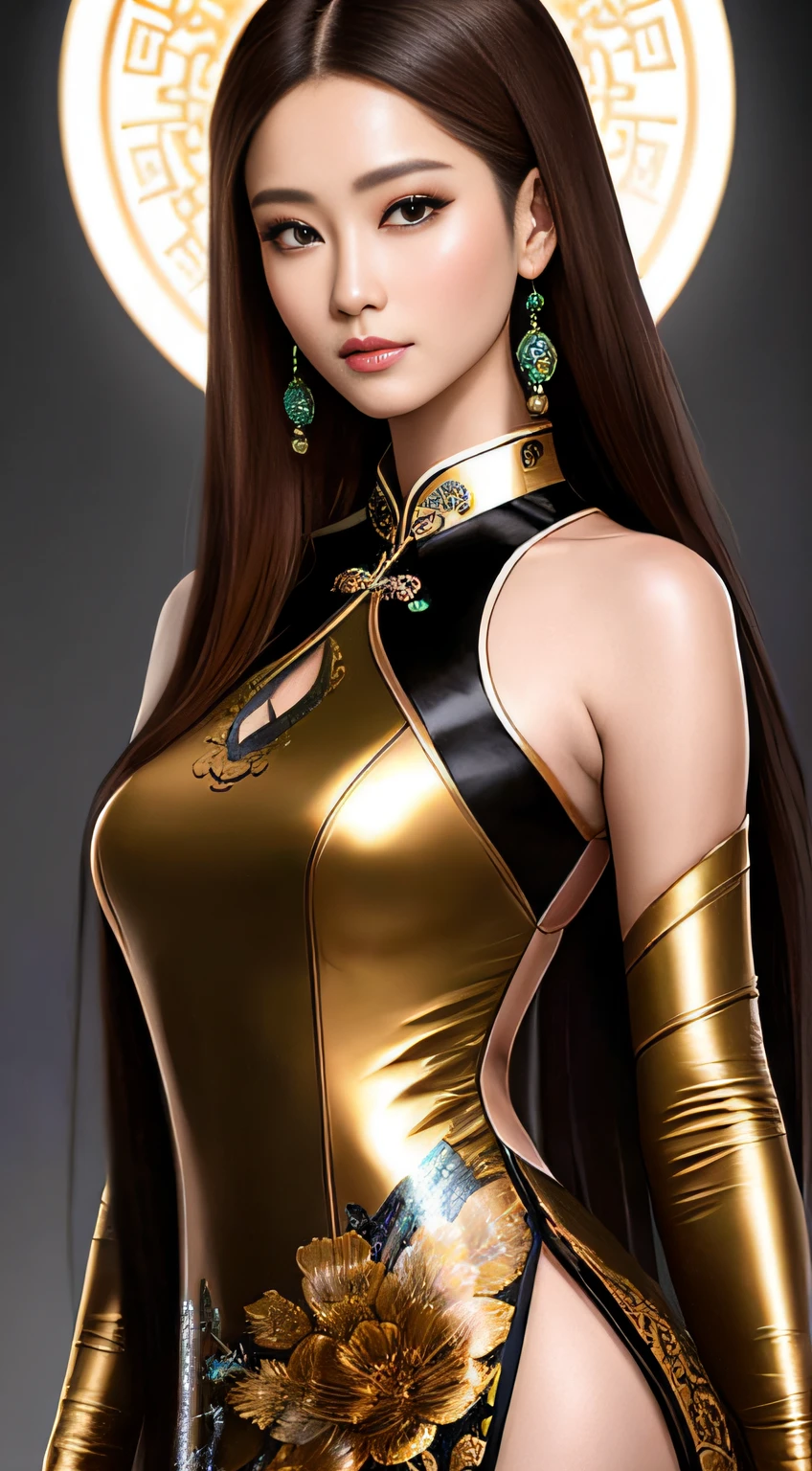 8k portrait of beautiful cyborg with brown hair,iintricate,ellegance,Highly meticulous,A majestic,Digital photography,The artistic germ and art of Nguyen Jia and Greg Rutkovsky Surrealist painting cheongsam,brokenglass,(tmasterpiece,Sideslit,exquisite and beautiful eyes:1.2 ), Human Development Report,