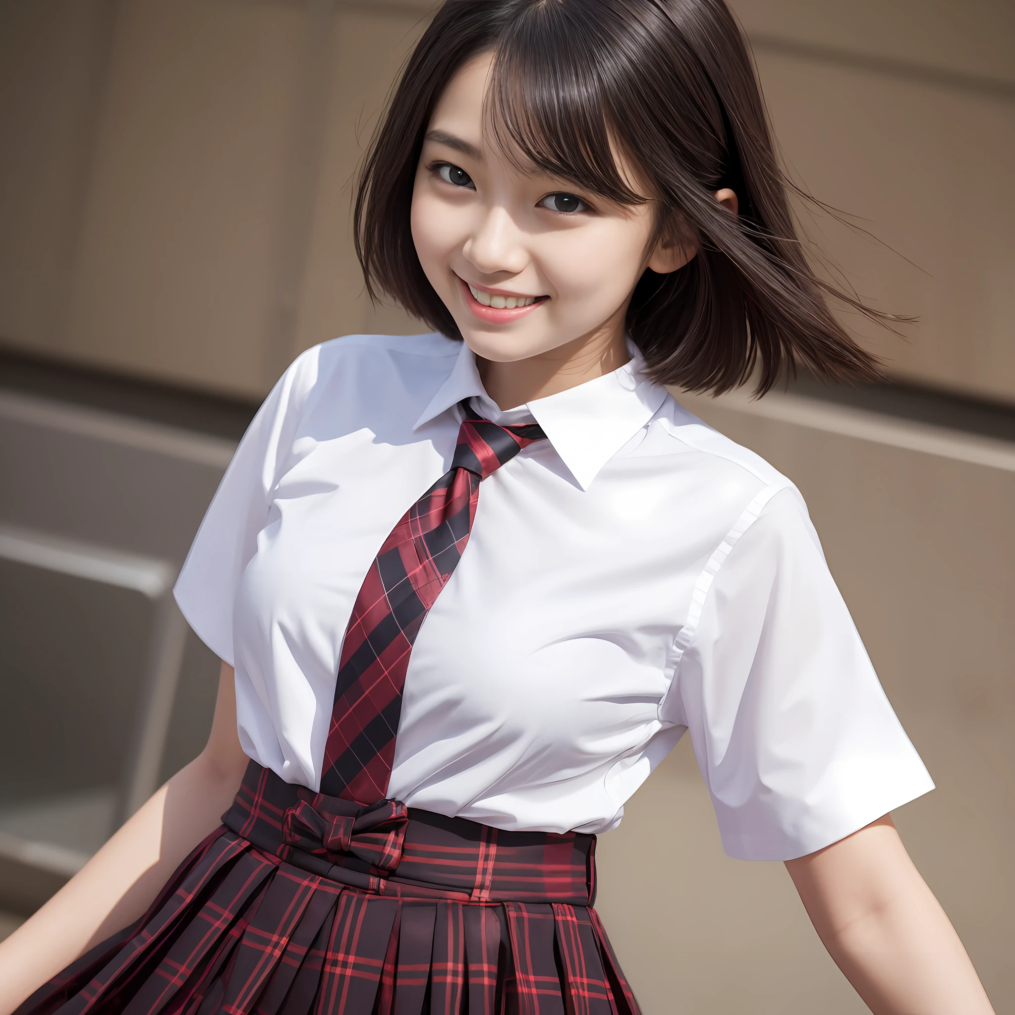 White shirt with dark red tie check pleated skirt middle school student 4k beauty short bob hair blowwind active pose great angle smile black hair real fine details