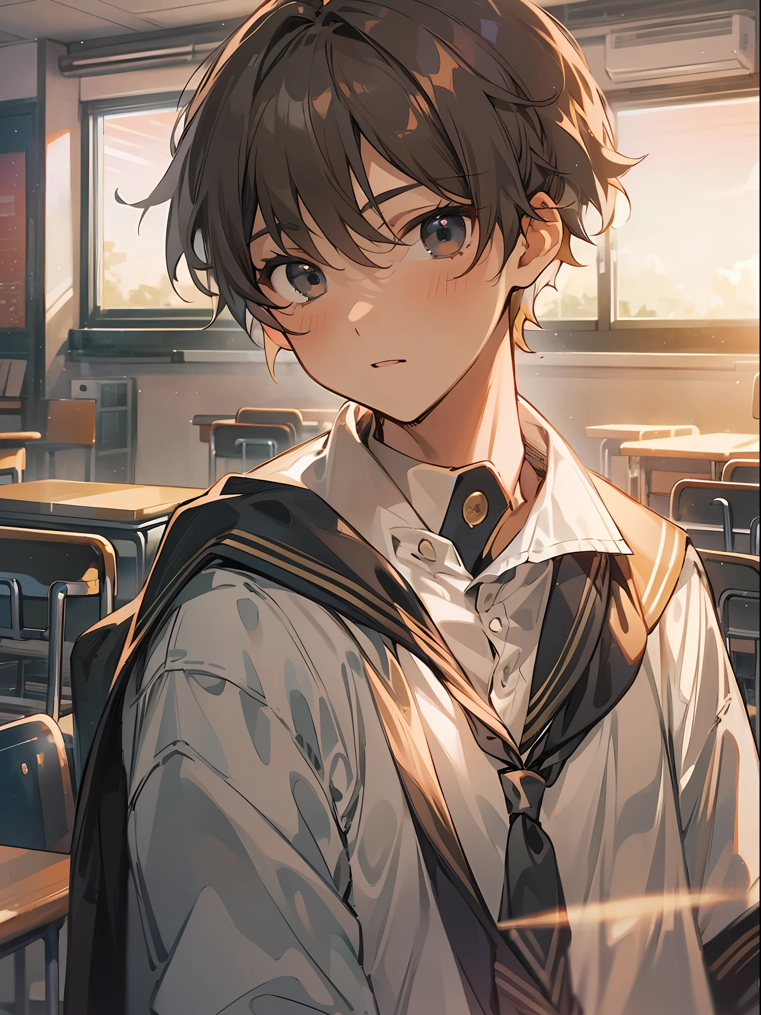 solo high school boy,navy brown short hair,side parted,black eyes,cool,school uniform,classroom,sunset,best quality++,beautiful eyes++,beautiful hair,black tone