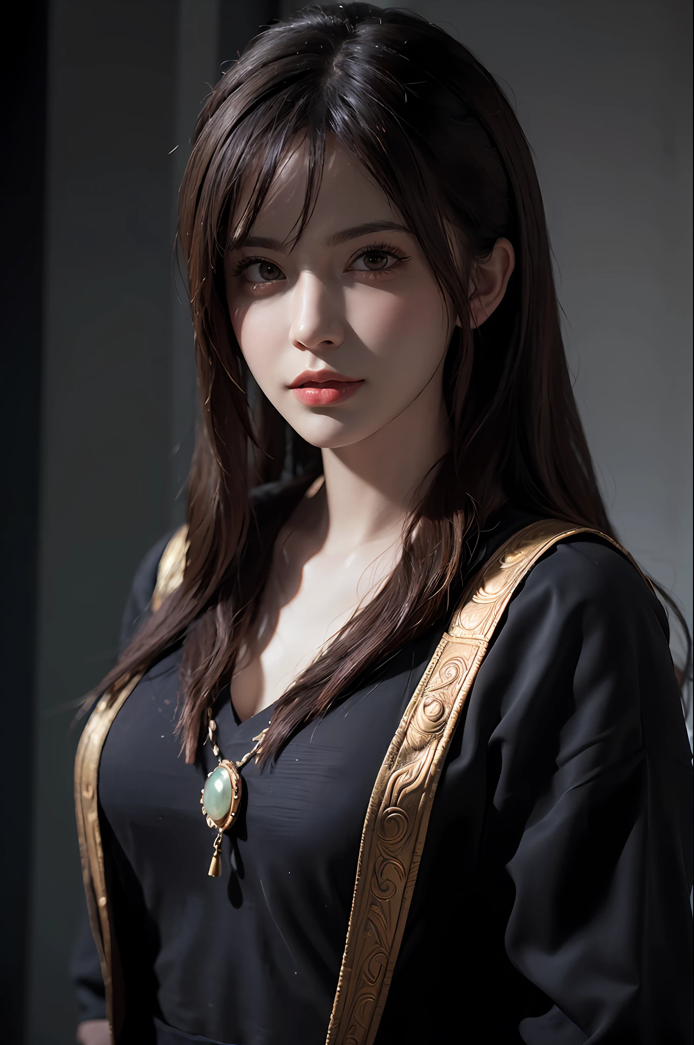 Hyperrealist portrait of female by david hockney and alphonse mucha,fantasy art, photo realistic, dynamic lighting, artstation, poster, volumetric lighting, very detailed faces, 4 k, award winning,, 1girl, in the dark, deep shadow, low key,cowboy shot,(official clothing:1.4) ,long hair,white hair,