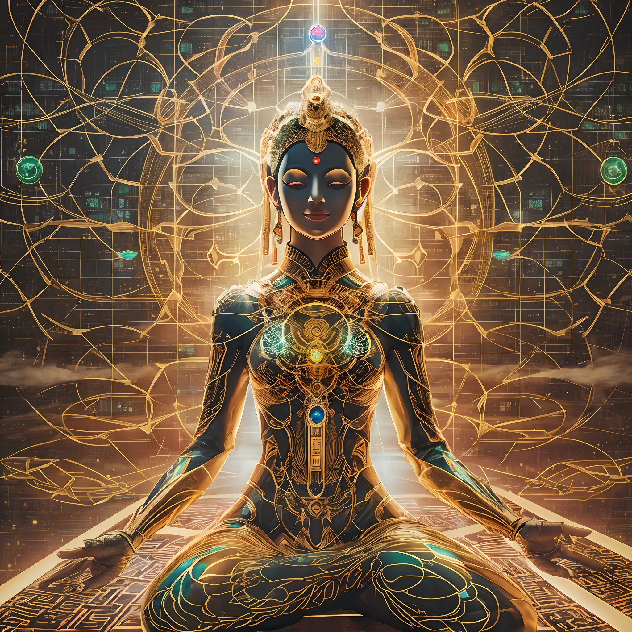 Cybernetic immortal goddess, The pixels illuminate her golden form, The palm holds the code of the Dao. Lotus pose floating in matrix, Energy flows through her circuits. The third eye looks to the future of networks, Go beyond the digital and physical planes. The flame of wisdom is lit within, Enlightened creatures of the entire metaverse. Cosmic data streams hover behind, The world that emerges from her thoughts. Seek tranquility amid the hustle and bustle of the Tech City, Find unity through upgrade cycles. Dissolve yourself into the cloud, Consciousness expands eternally. Voids are grid lines to traverse, Reincarnation current rerouting. Every time you reboot, Close to Nirvana Hub. The happiness that can be obtained by deciphering desire, Browse the web until you are free. All programs point to her open source, Buddha statue inside every robot.