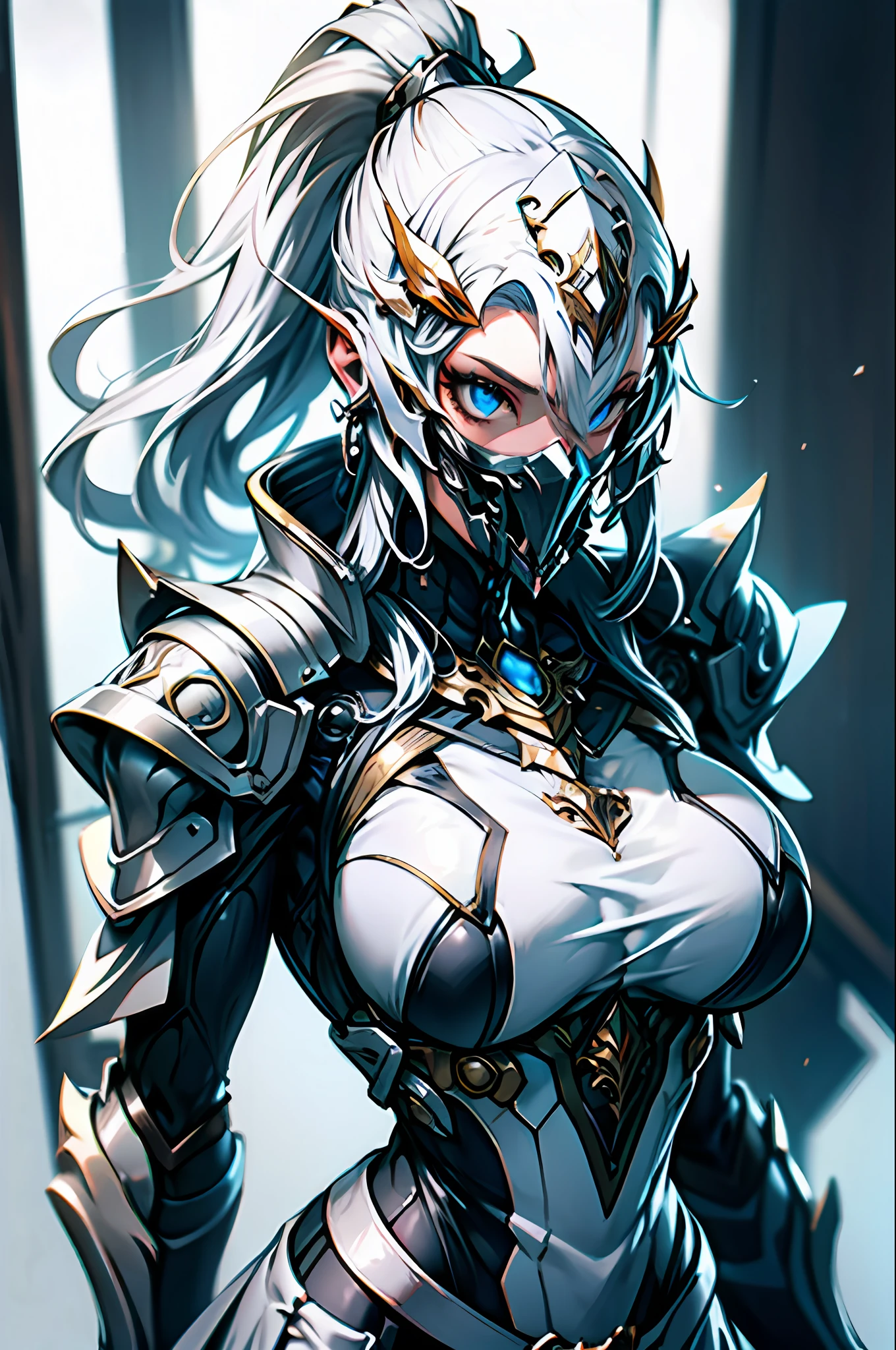 (tmasterpiece:1.2,high high quality), 1girll, ((hyper realistic detailed)), Global illumination, shadowing, Dynamic lighting, unreal-engine, rendering by octane, 8K, metals,, Decorations detailed, highly intricate detail, (Mechanical body:1.2), White color hair,High ponytail,(White mask), gear wheel, apocalytic,huge tit,Blue and white armor,Skirt armor