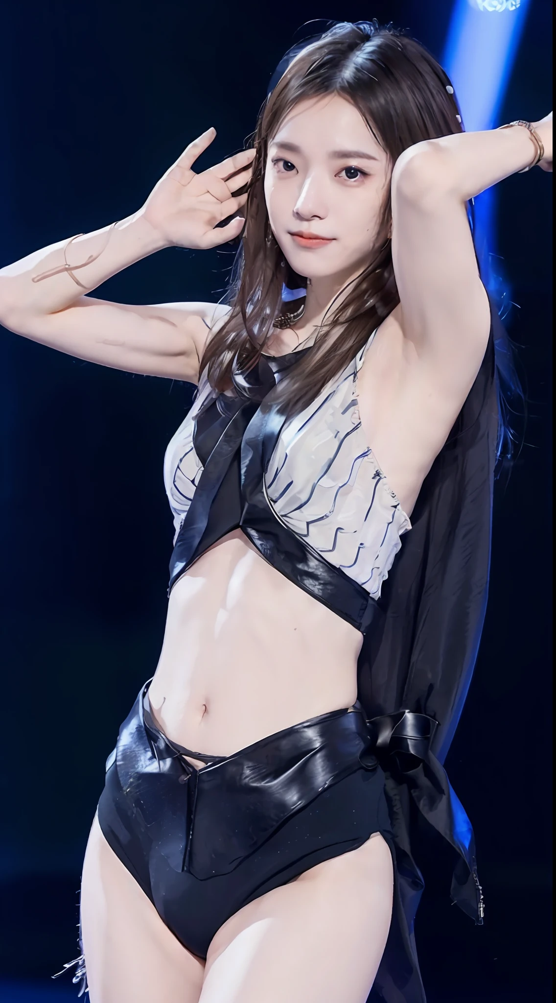 1 girl in(8K、Raw photography、top-quality、​masterpiece:1.2)、(realisitic、realisitic:1.37)、ultra-detailliert、FULL BODYSHOT、Popular singers in the spotlight on stage、Live performance venue、Stand Microphone、(Sexy costume)、realistic eyes and face details、natural skin textures、Dark eyebrows、Armpit、decolletage、cleavage of the breast、(((thighs thighs thighs thighs、Raw feet、kne、a navel、abdominals)))、Fair skin、A detailed face、真实感、Realistic background、Realistic lighting、sexypose、Sweaty skin