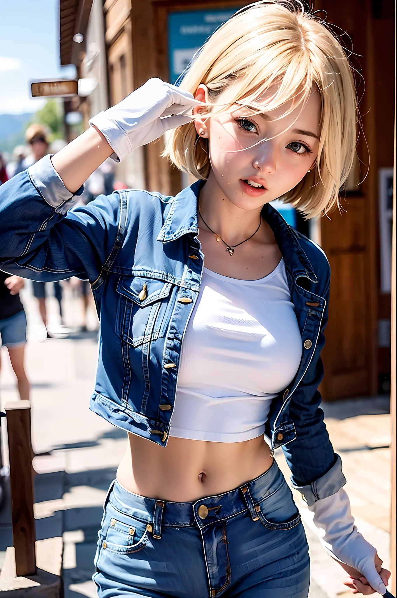 (((1 girl, cute, denim jacket, white top, jeans, Gloves, blond, short hair, bob hair, side parted hair, blue eyes))), (((blond hair))),
dynamic poses, manga style, depicting a group of characters in various action scenes, from intense battles to lighthearted moments, with dramatic speed lines and bold sound effects, capturing the excitement and energy of the story, Laser rays from the palm of hand, Attack forward with palm, yellowstone park, Grand Canyon,
