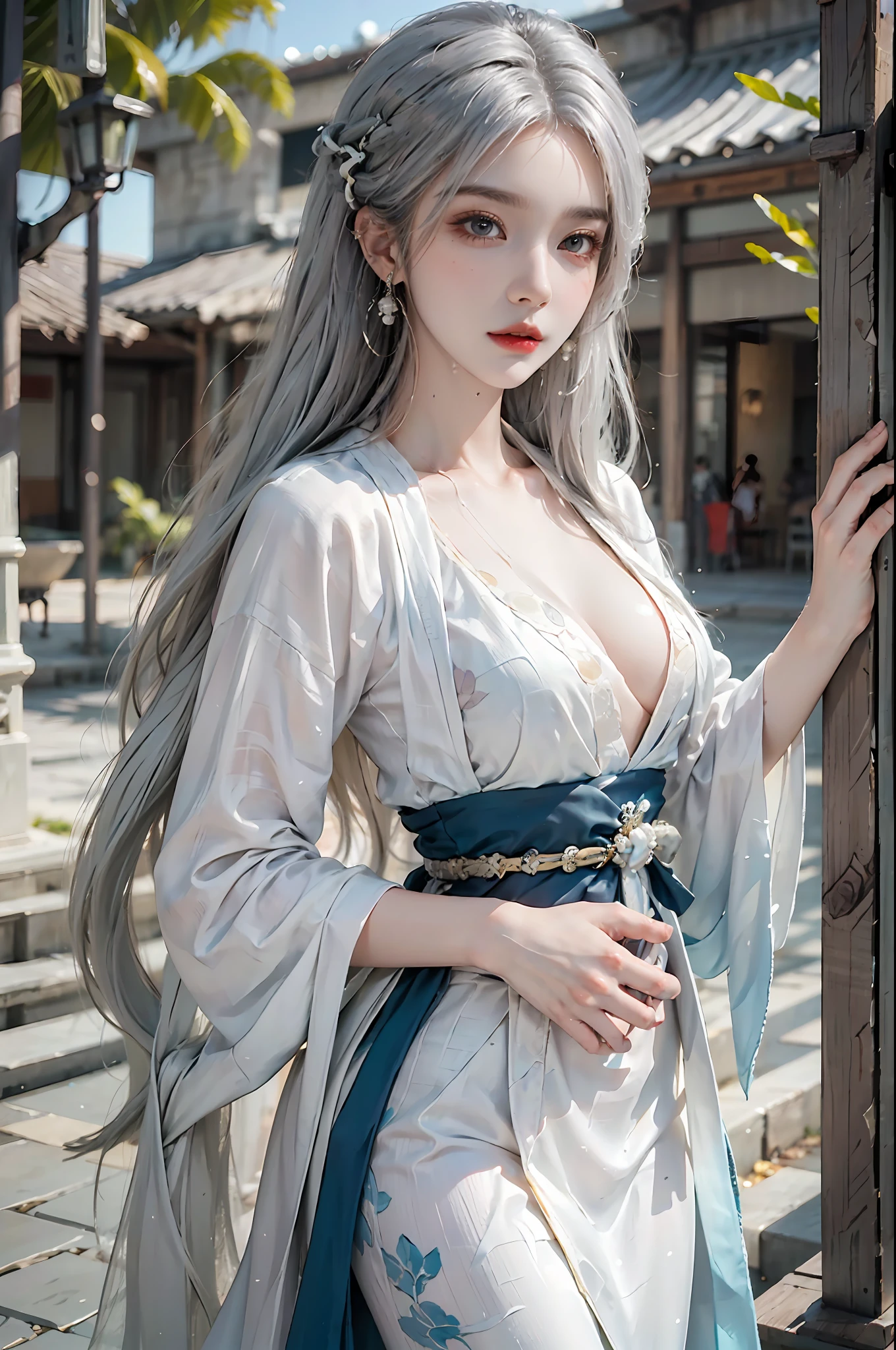 photorealistic, high resolution, colorful, color splash, splash, 1 girl, solo, hips up, beautiful eyes, white hair, medium breast, intricate brocade hanfu, gorgeous accessories, wearing pearl earrings