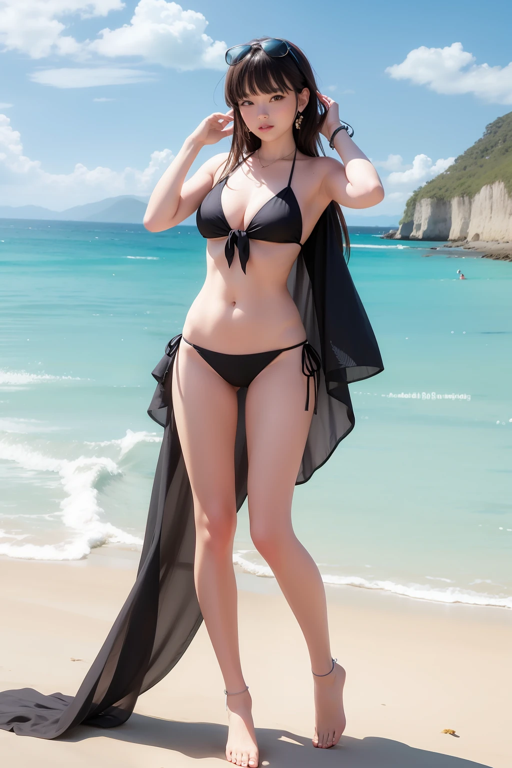 Beach bikini beauty,Long legs,blacksilk