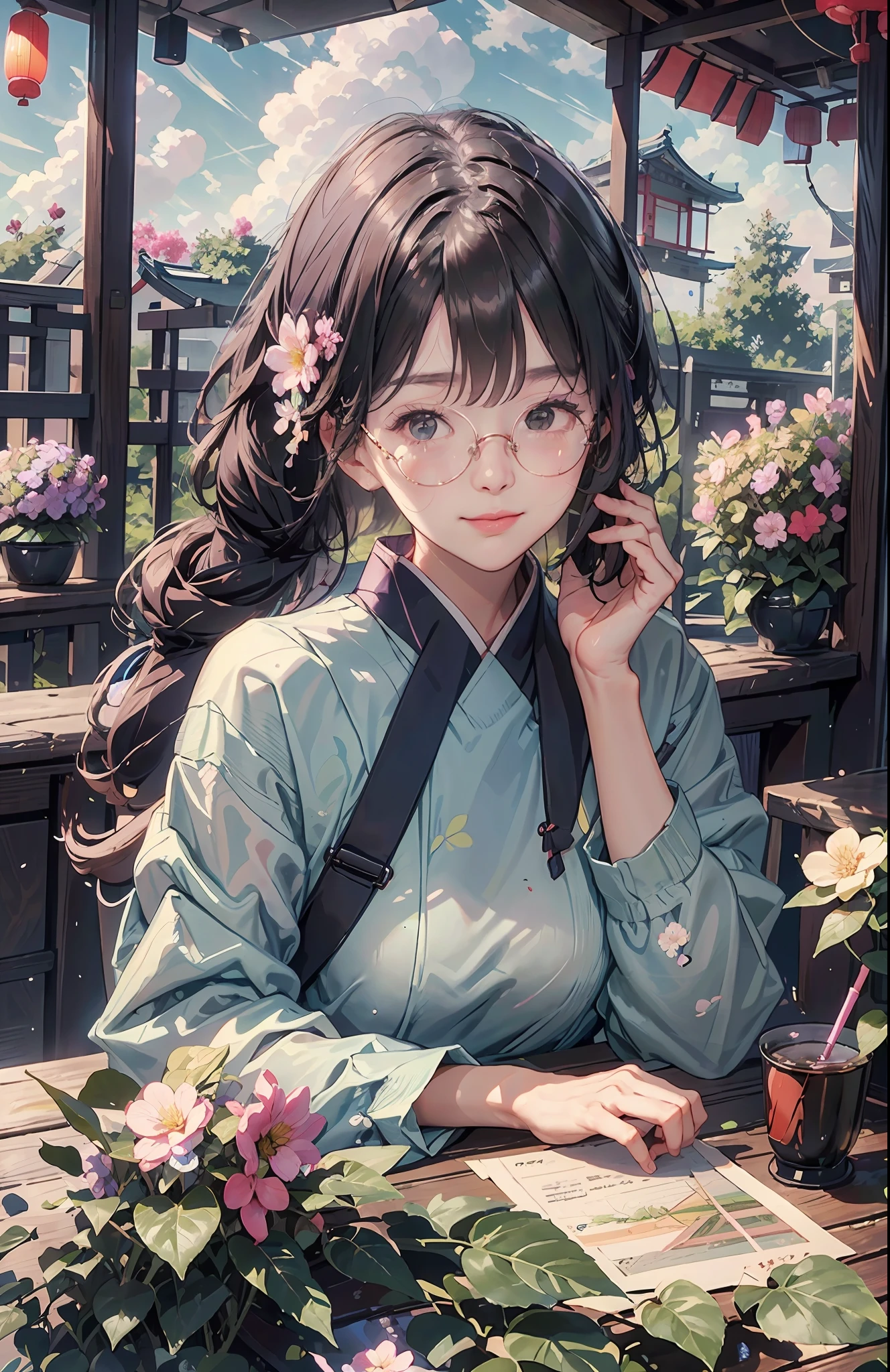 girl wearing spectacles,sits at a table,lilac colors,Japanese aesthetic style,one-sided ponytail,nerds,kawa,ssmile,holding eyewear,upper lights,green leaf,Flowers,courtyard, a beautiful anime portrait, 8k wallpaper,best qualtiy,Pisif,tmasterpiece,A masterpice,Perfect background